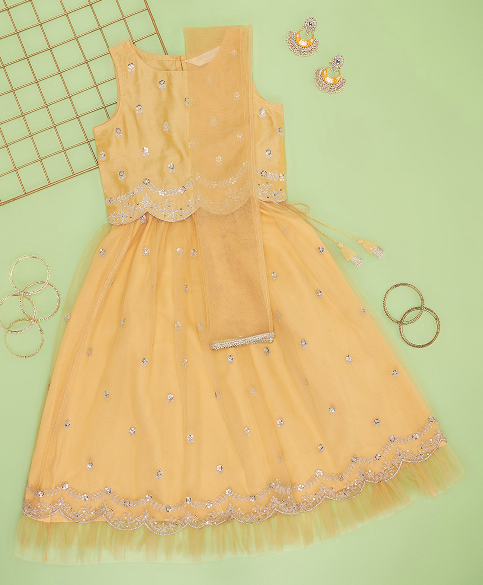 Akkriti by Pantaloons Sleeveless Floral Embroidered & Sequins Embellished Lehenga Choli With Dupatta Set - Yellow-image-6