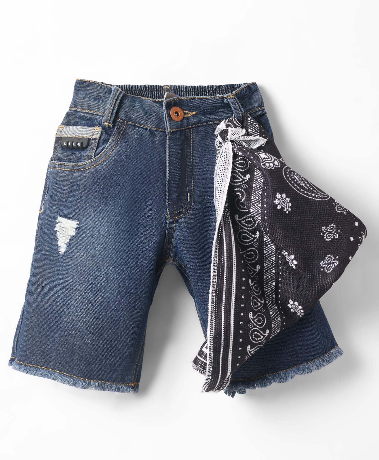 Little Kangaroos Washed Distressed Denim Shorts with Scarf - Navy Blue-image-25