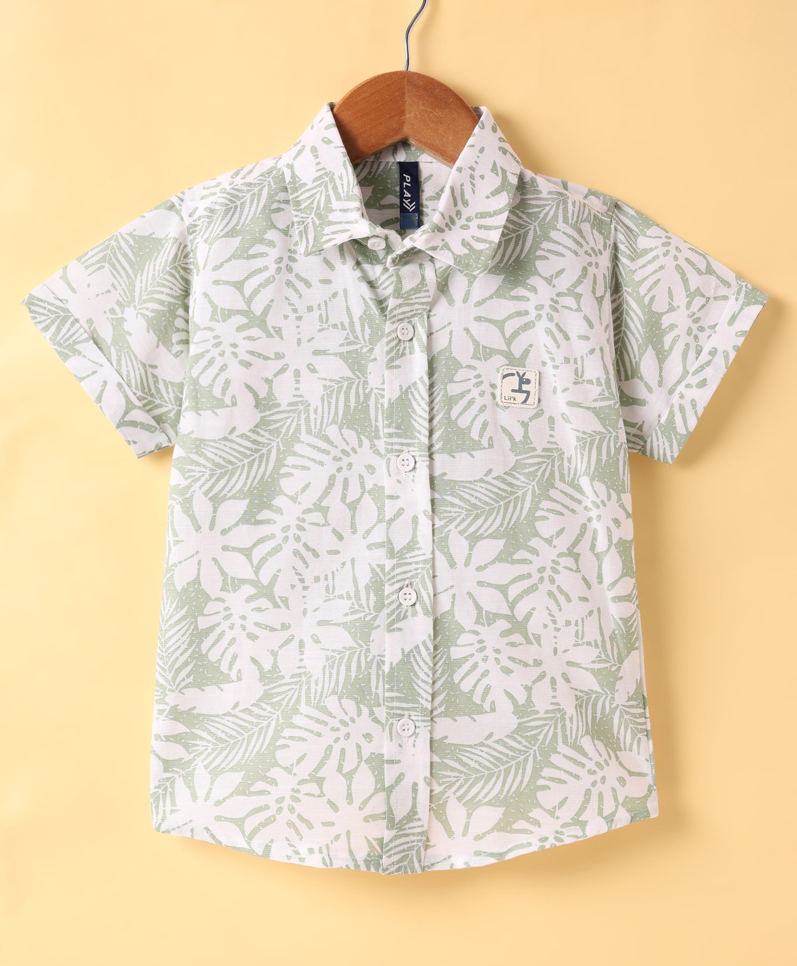 Little Kangaroos Cotton Woven Half Sleeves Shirt With Leaves Print - Light Green-picture-24