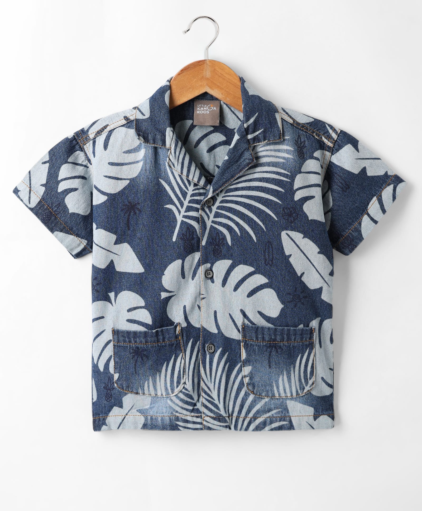 Little Kangaroos Cotton Woven Half Sleeves Shirt With Leaves Print - Blue-picture-25