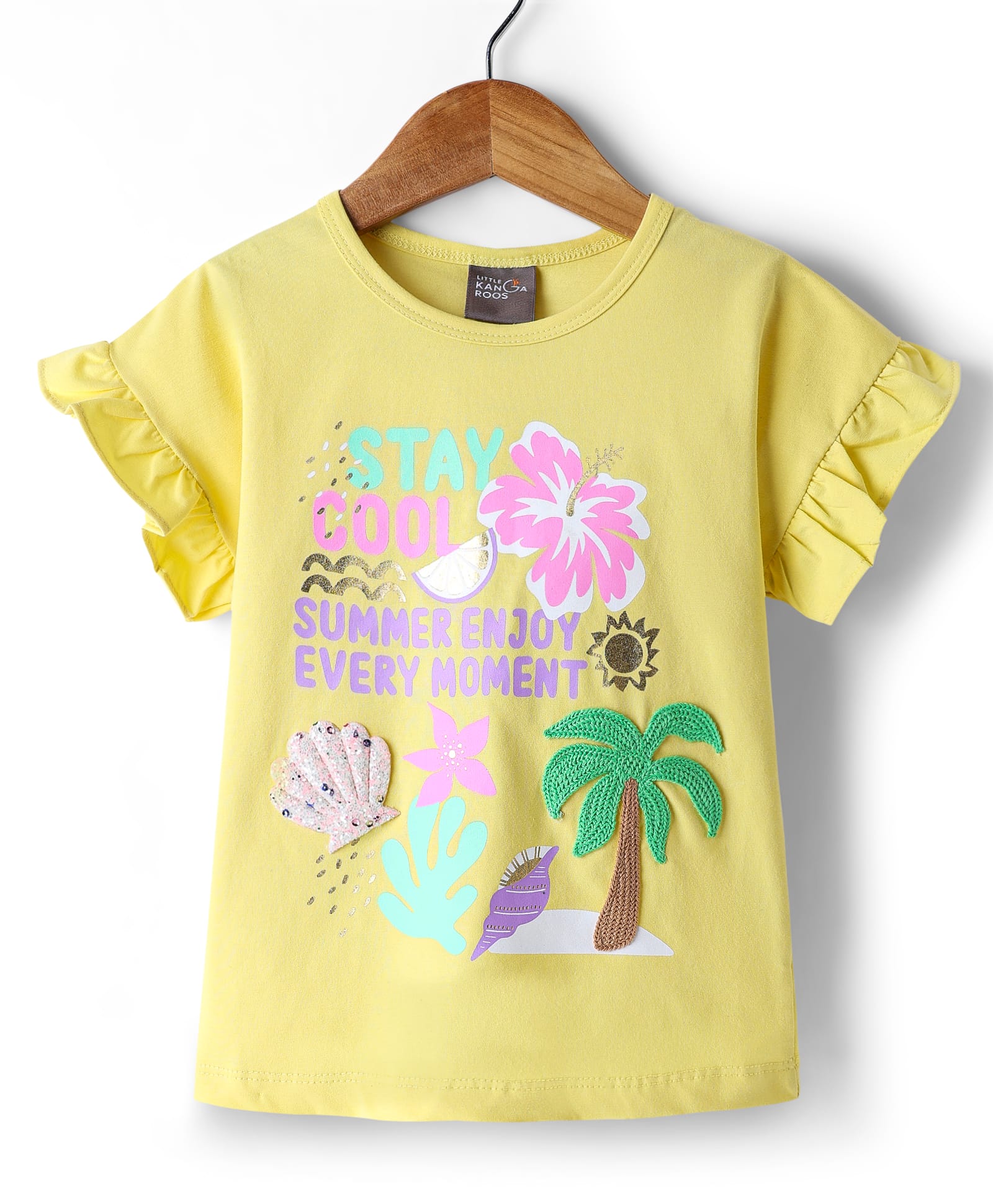 Little Kangaroos Cotton Knit Frill Sleeves Tops With Shell Patch & Tropical Theme Print - Lemon Yellow-image-39