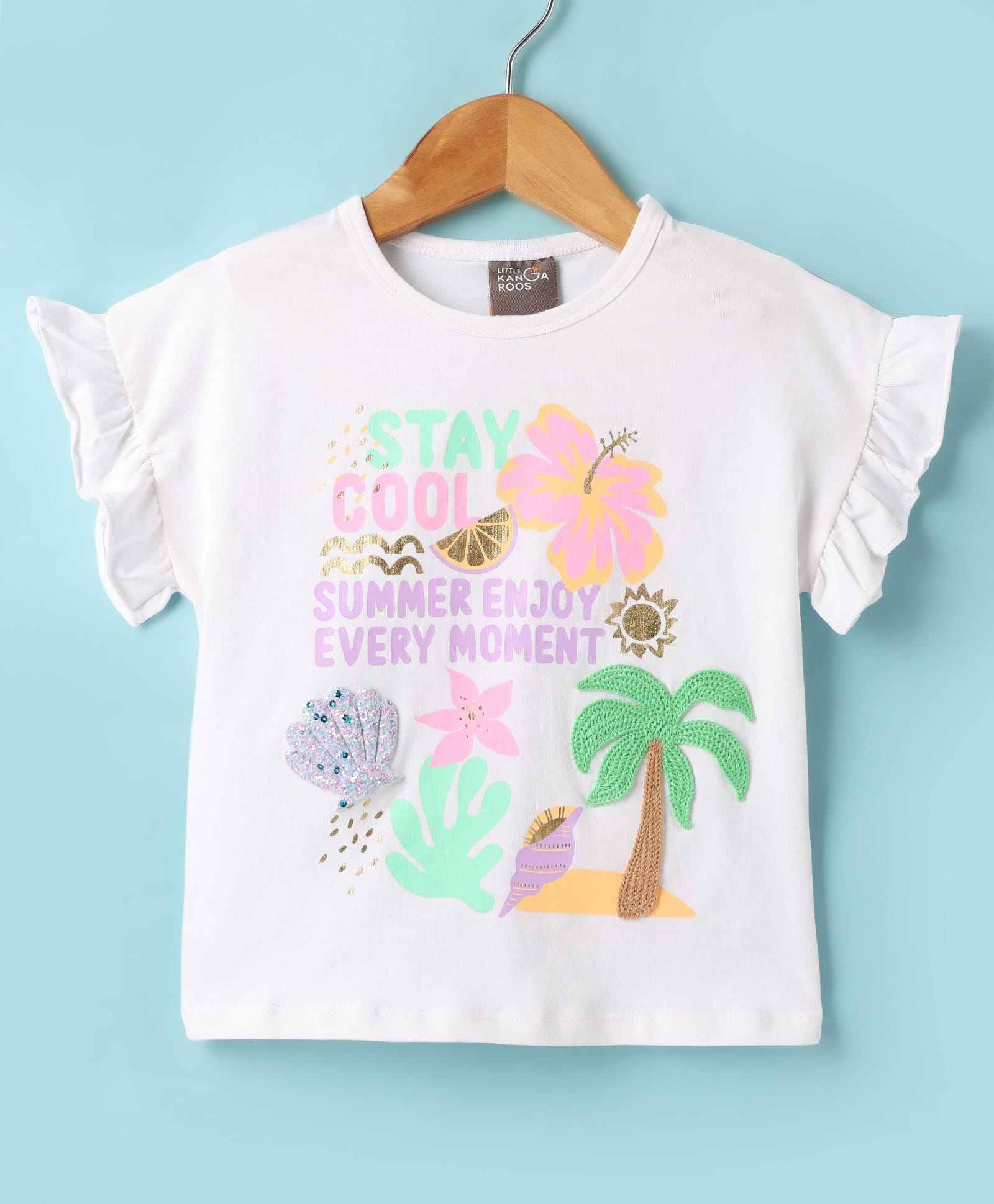 Little Kangaroos Cotton Knit Frill Sleeves Tops With Shell Patch & Tropical Theme Print - White-image-10