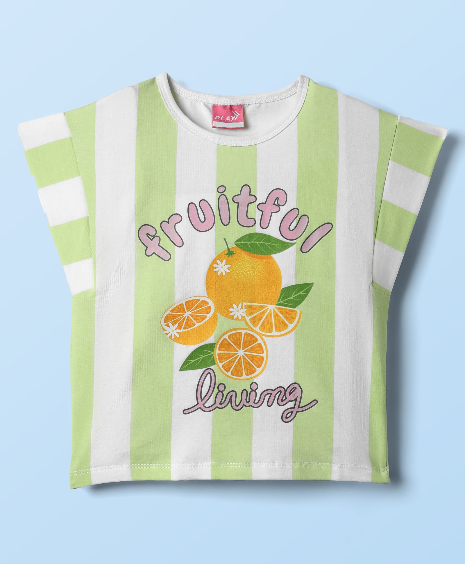 Little Kangaroos Cotton Knit Half Sleeves Striped Top with Lemon Print - Light Green-image-48
