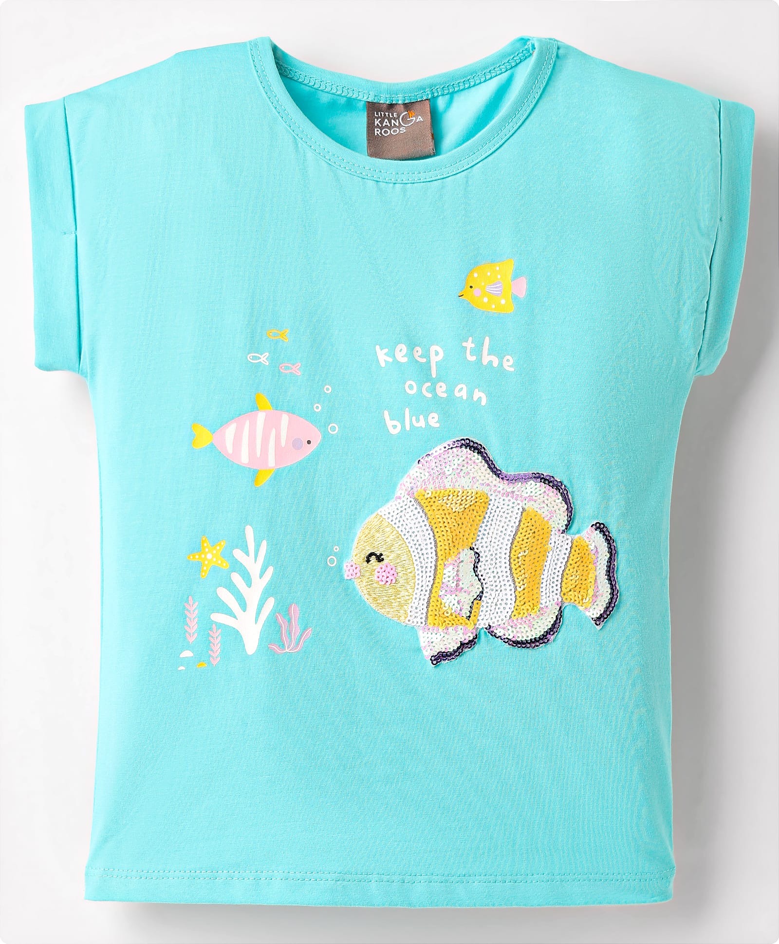 Little Kangaroos Cotton Knit Half Sleeves Top with Sea Life Print & Sequin Detailing - Aqua Blue-image-8