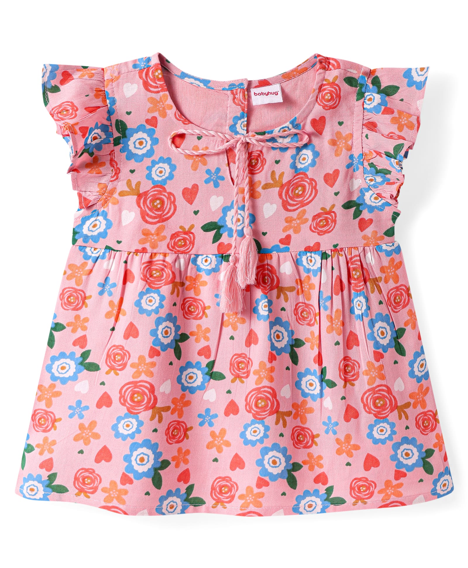 Babyhug Rayon Woven Frill Sleeves Top with Floral Print - Pink