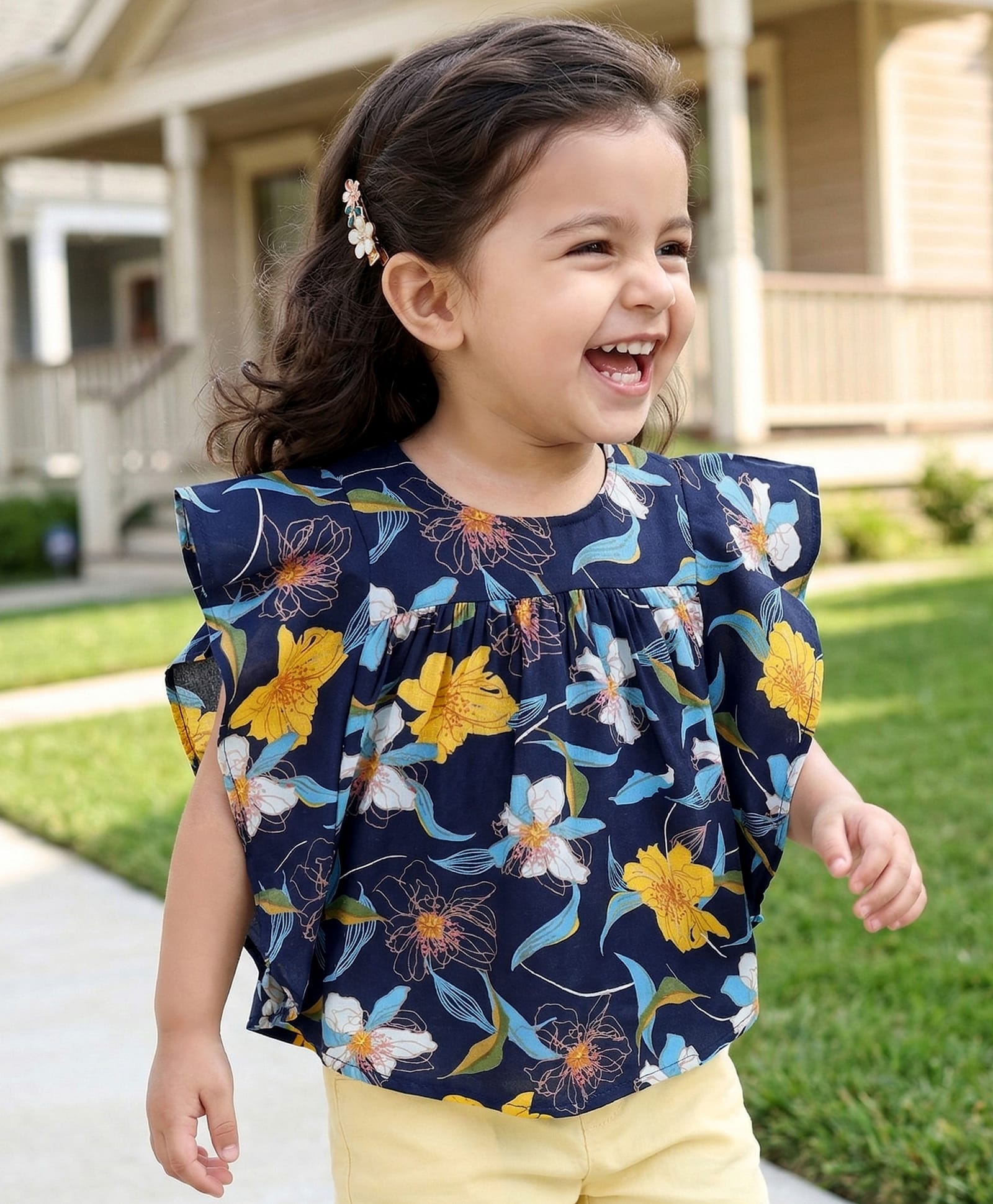 Babyhug Rayon Woven Half Frill Sleeves Ruffled Top with Floral Print - Navy Blue-image-43