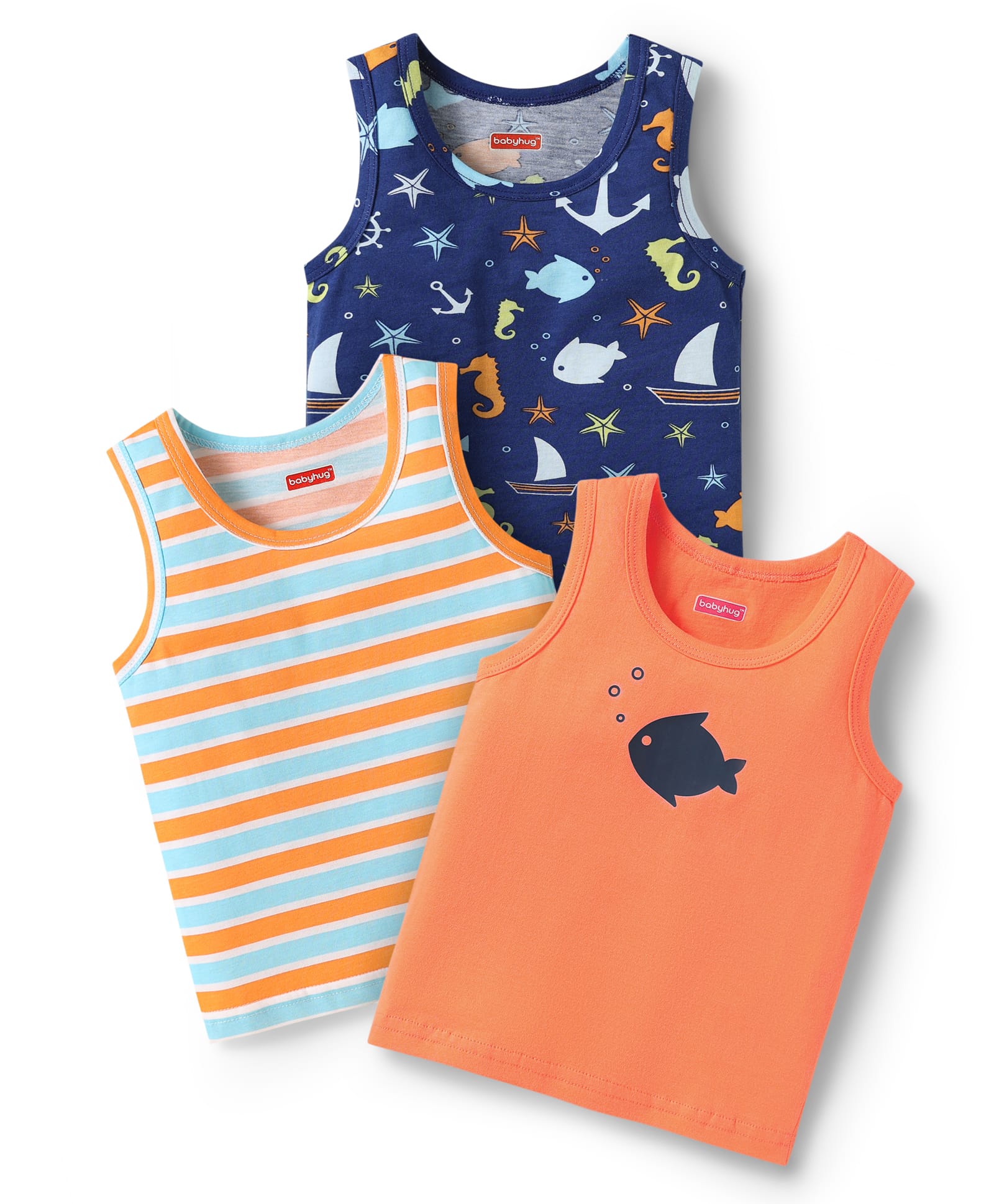 Babyhug 100% Cotton Single Jersey Knit Sandos With Stripes & Fish Print Pack Of 3 - Orange & Navy Blue-image-39