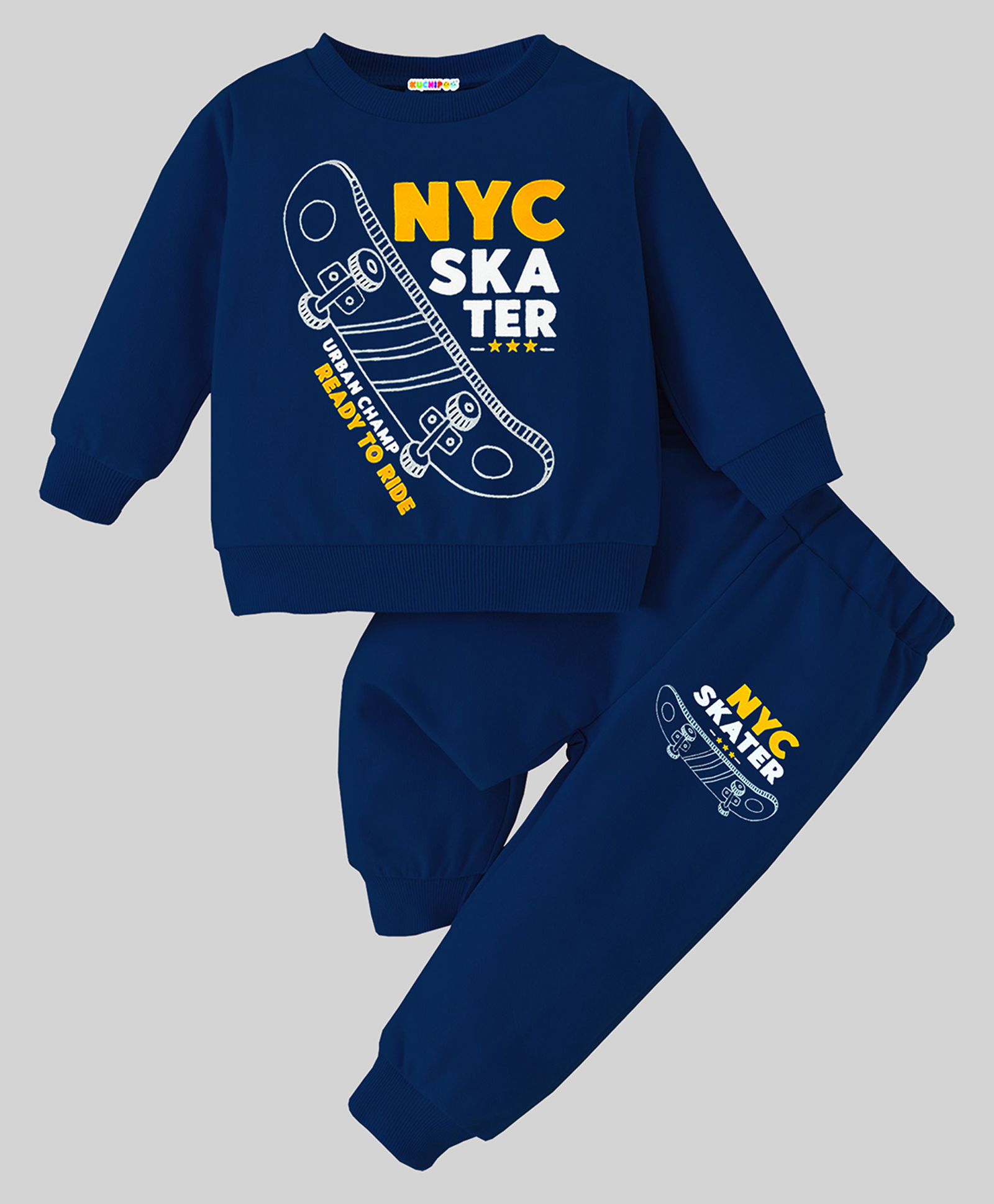 KUCHIPOO Fleece Full Sleeves NYC Skater Text Patch Embroidered Coordinating Sweatshirt & Joggers Set - Blue-image-33