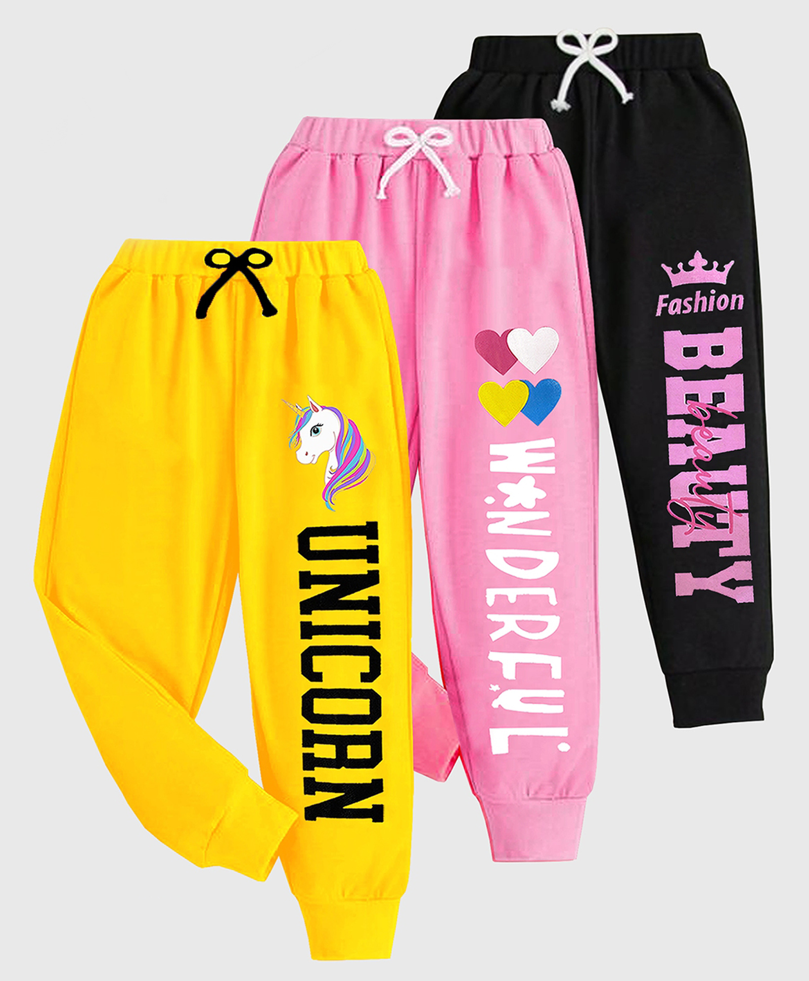 KUCHIPOO Pack Of 3 Unicorn & Hearts Printed Track Pants - Yellow Black & Pink-picture-29