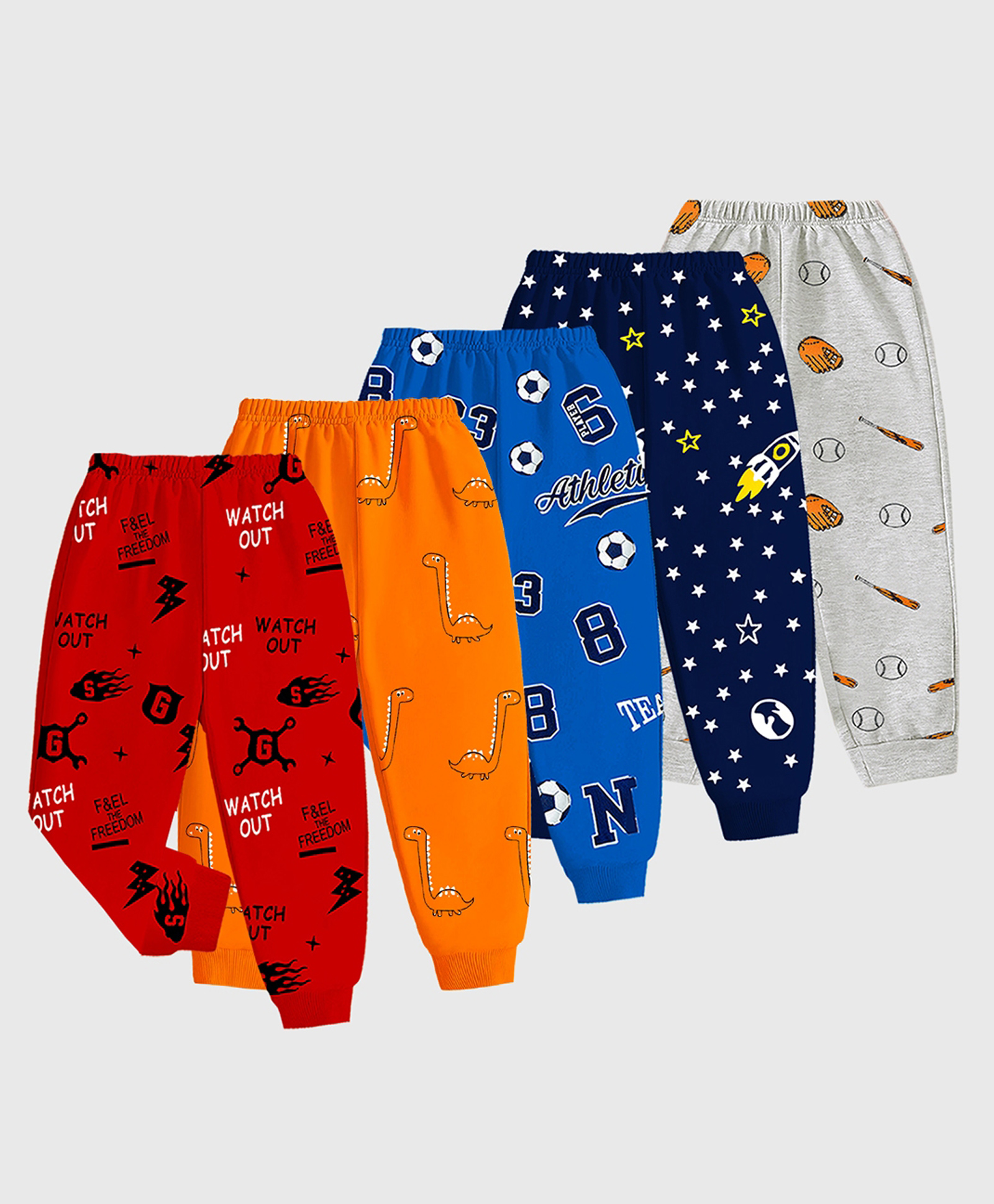 KUCHIPOO Pack Of 5 Dinosaurs & Space Theme Printed Pajamas - Red Navy Blue Blue Grey & Orange-picture-22