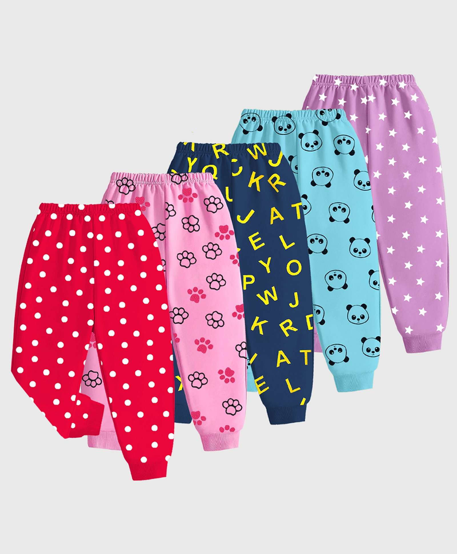 KUCHIPOO Pack Of 5 Polka Dots & Pandas Printed Pajamas - Pink Blue Red Magenta & Purple-picture-20