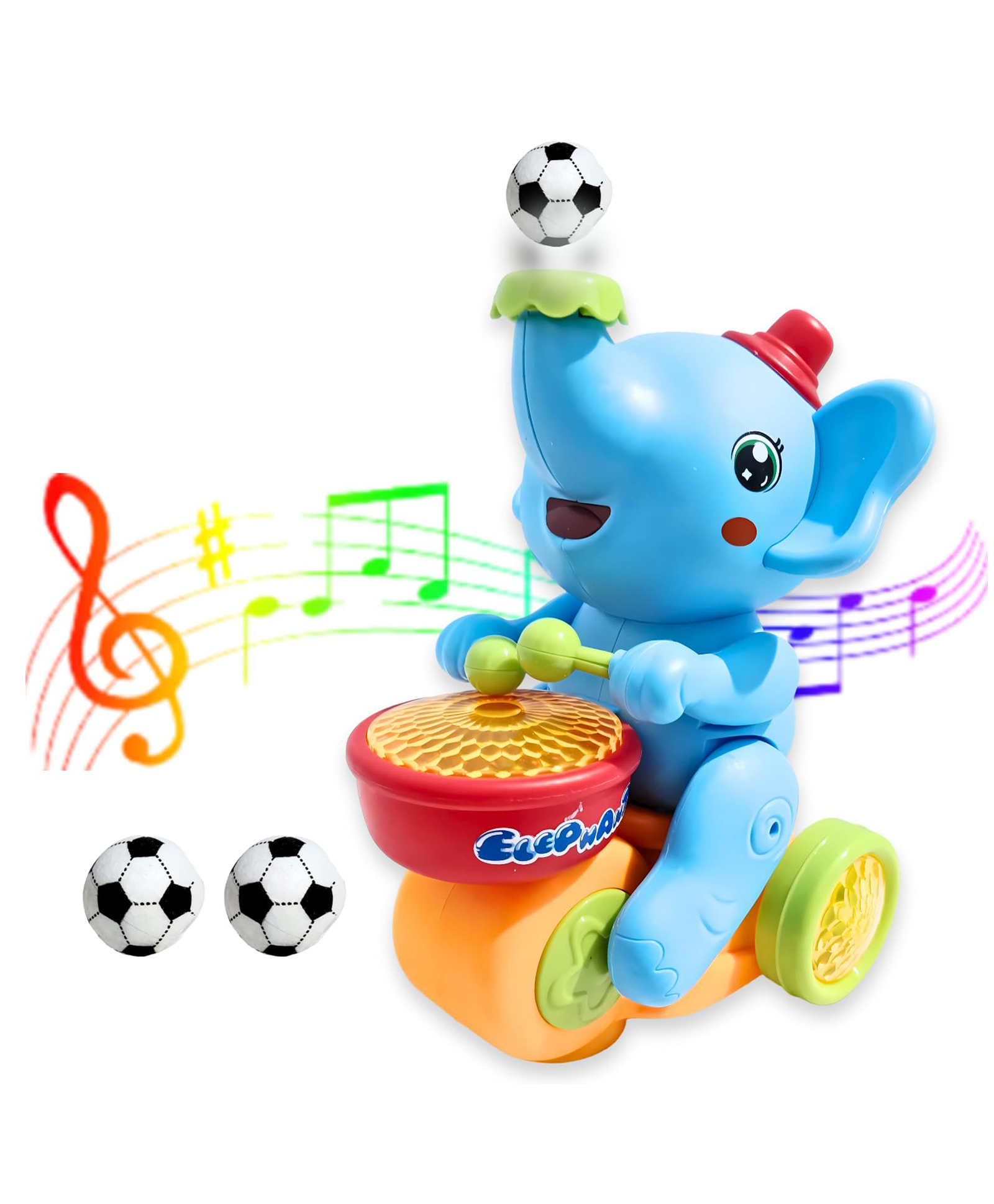 New PinchMusical Walking Elephant Drummer Toy with Flashing Light & Sound Toy for Kids Beating Drum Blowing Ball Toy - color may vary-image-11