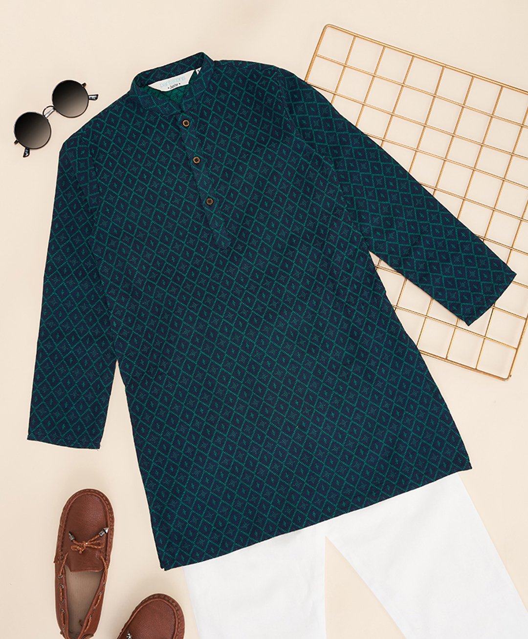 Indus Route by Pantaloons Cotton Full Sleeves Abstract Embroidered Kurta Pyjama Set - Teal Blue-picture-13