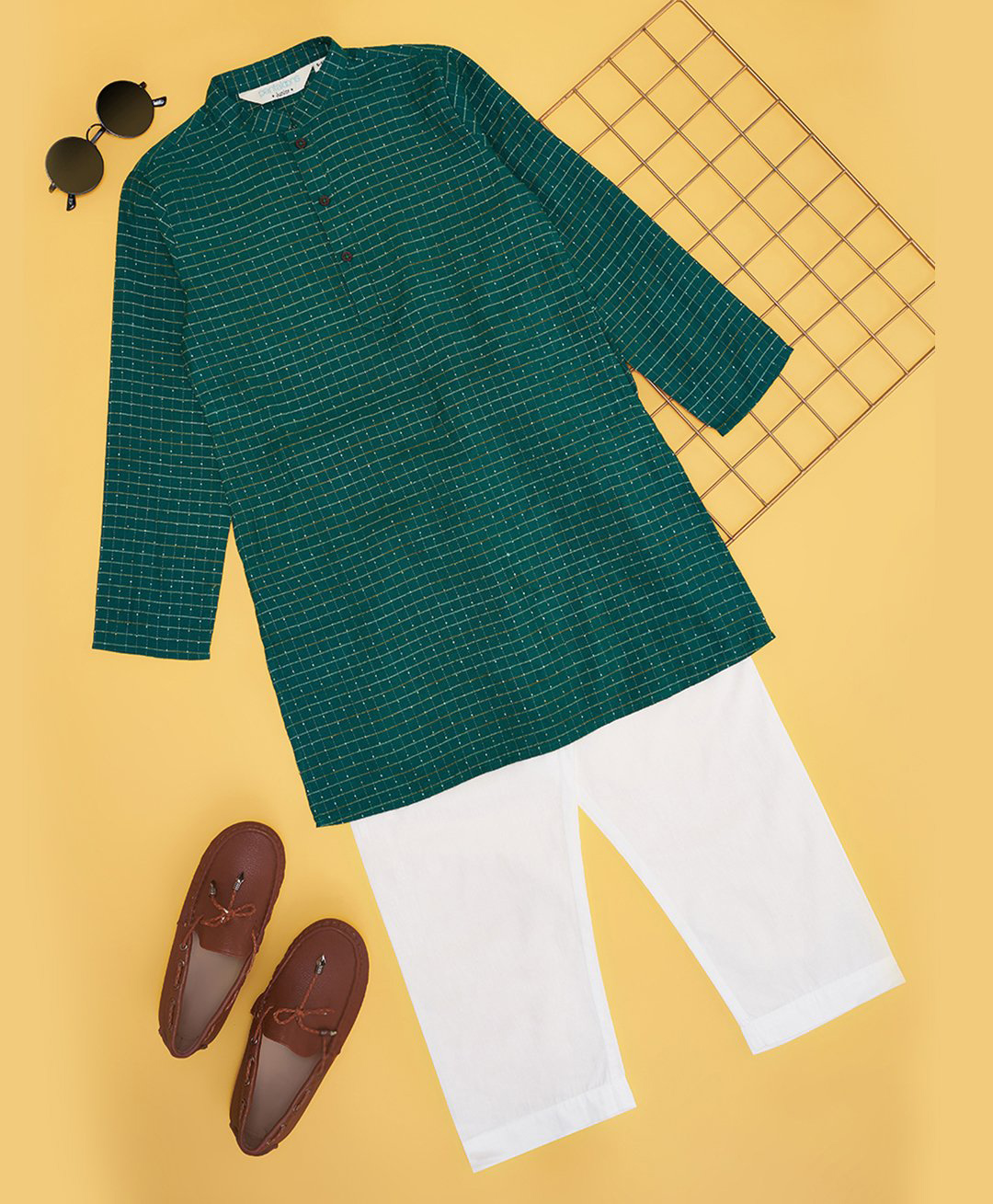 Indus Route by Pantaloons Cotton Full Sleeves Checked Kurta Pyjama Set - Green-image-39