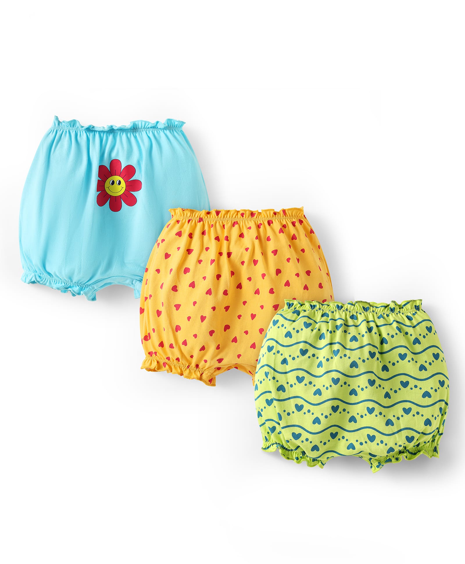 Doodle Poodle 100% Cotton Knit Bloomers With Floral& Heart Print Bloomers Pack of 3 - Light BlueYellow & Green-picture-21