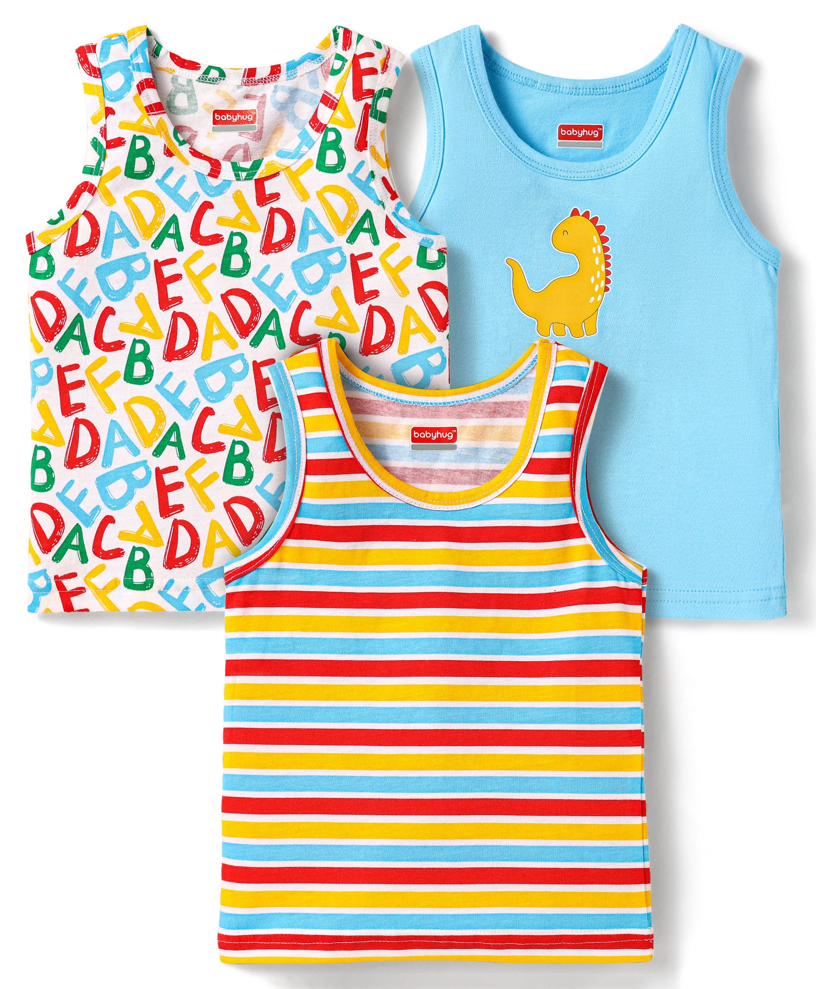 Babyhug 100% Cotton Knit Sleeveless Alphabet & Dino Printed Sando Vests Pack of 3 - Light Blue White & Red-image-42