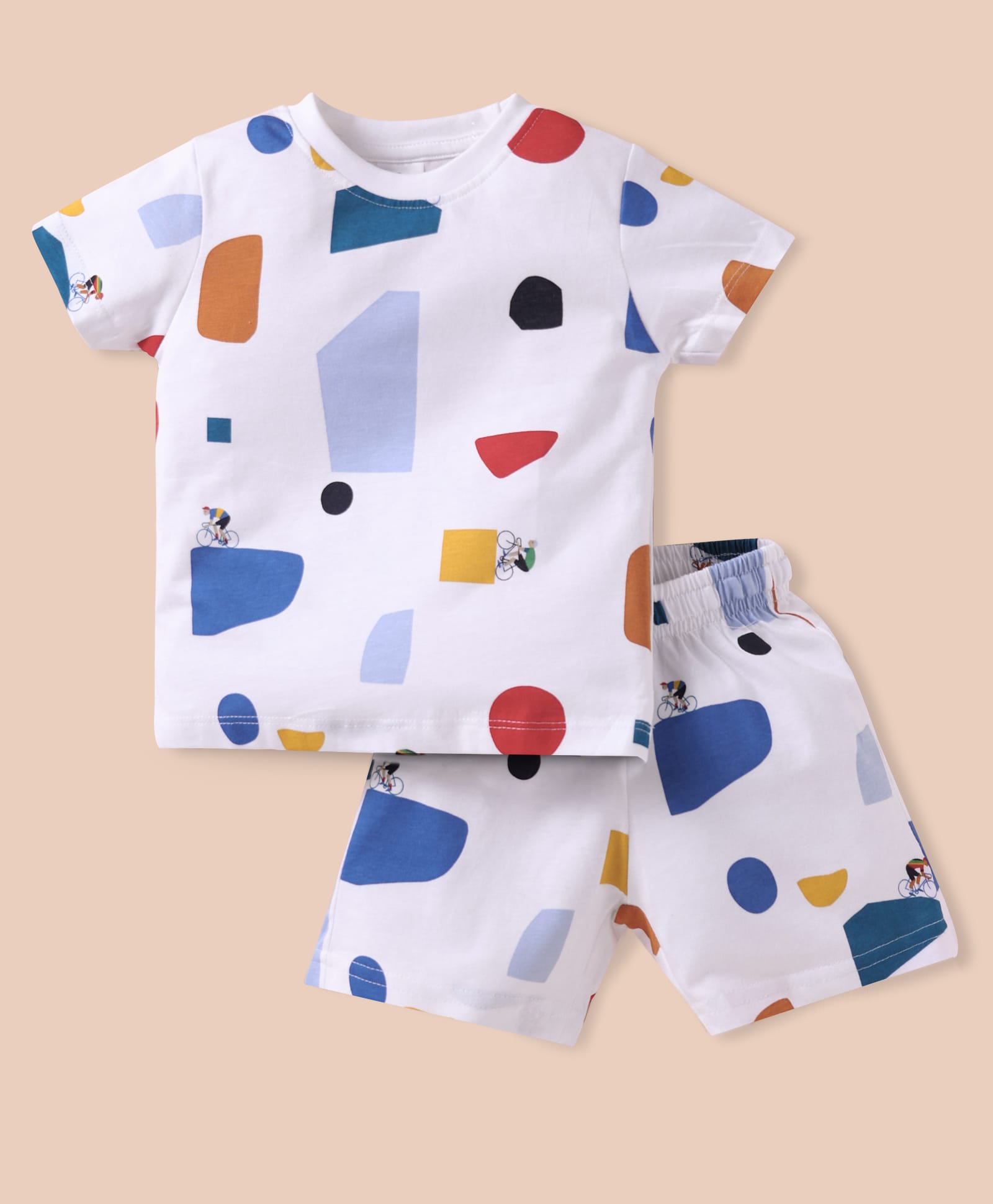 Ollypop Sinker Knit Half Sleeves Co-ords Shorts Night Suit with Cycling Print - White-picture-4