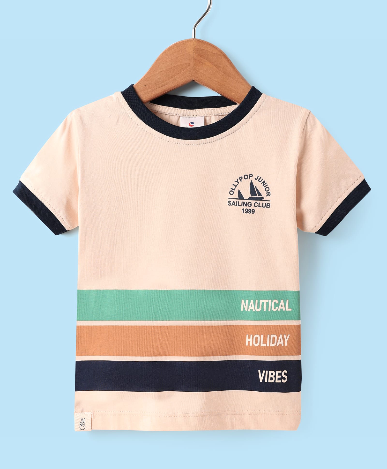 Ollypop Sinker Knit Half Sleeves T-Shirt with Nautical Theme Print & Stripes - Peach-image-45