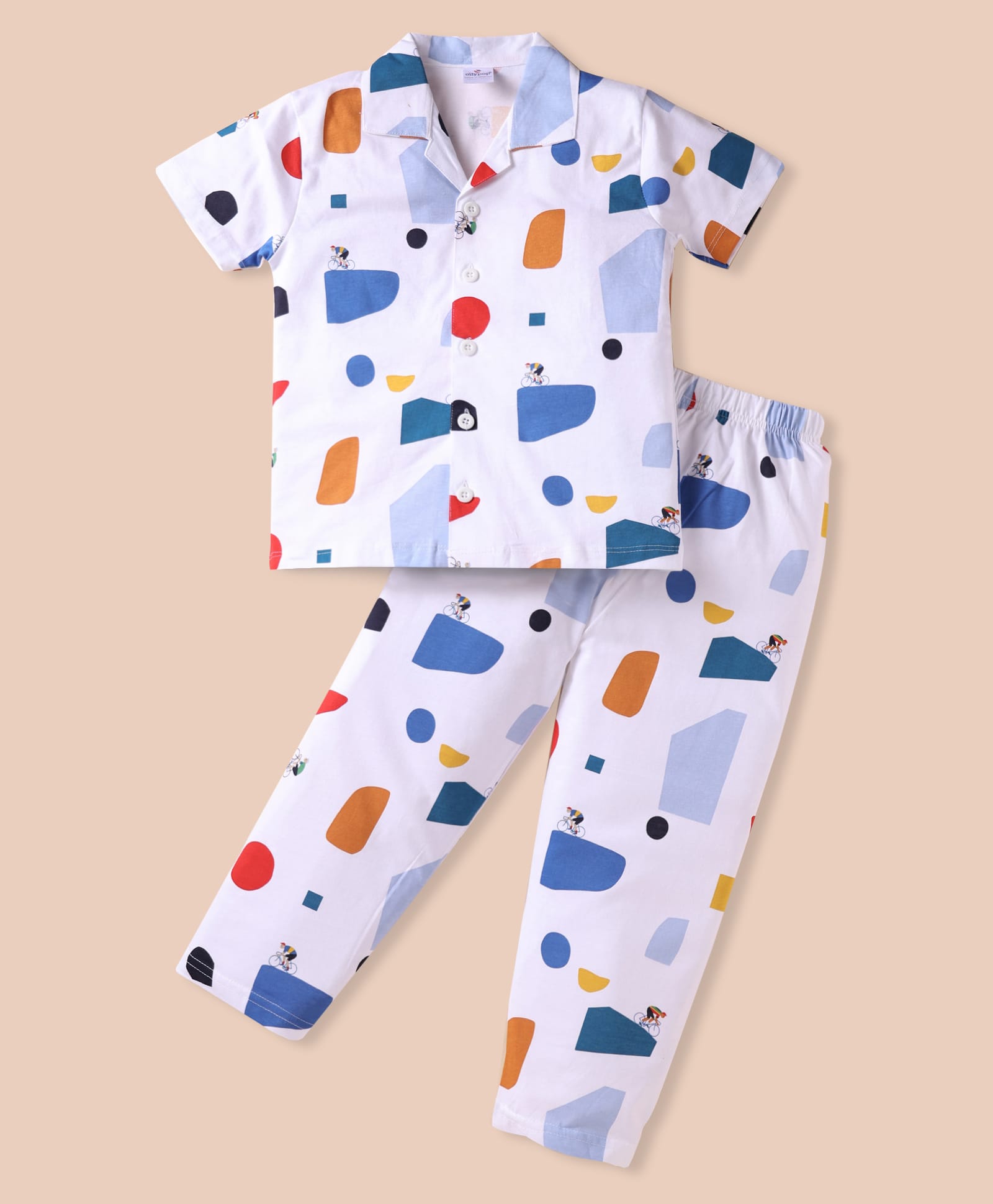 Ollypop Sinker Knit Half Sleeves Co-ords Night Suit with Cycling Print - White-image-34