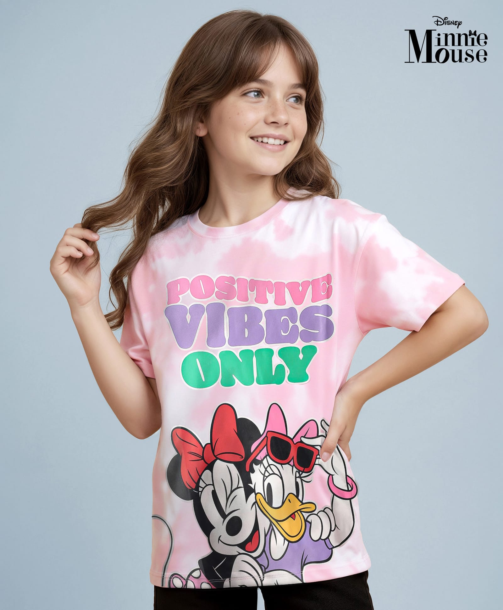 Pine Kids Disney Single Jersey Knit Half Drop Shoulder Sleeves Tie & Dye Oversized T-Shirt with Minnie Mouse Graphics - Pink-picture-20