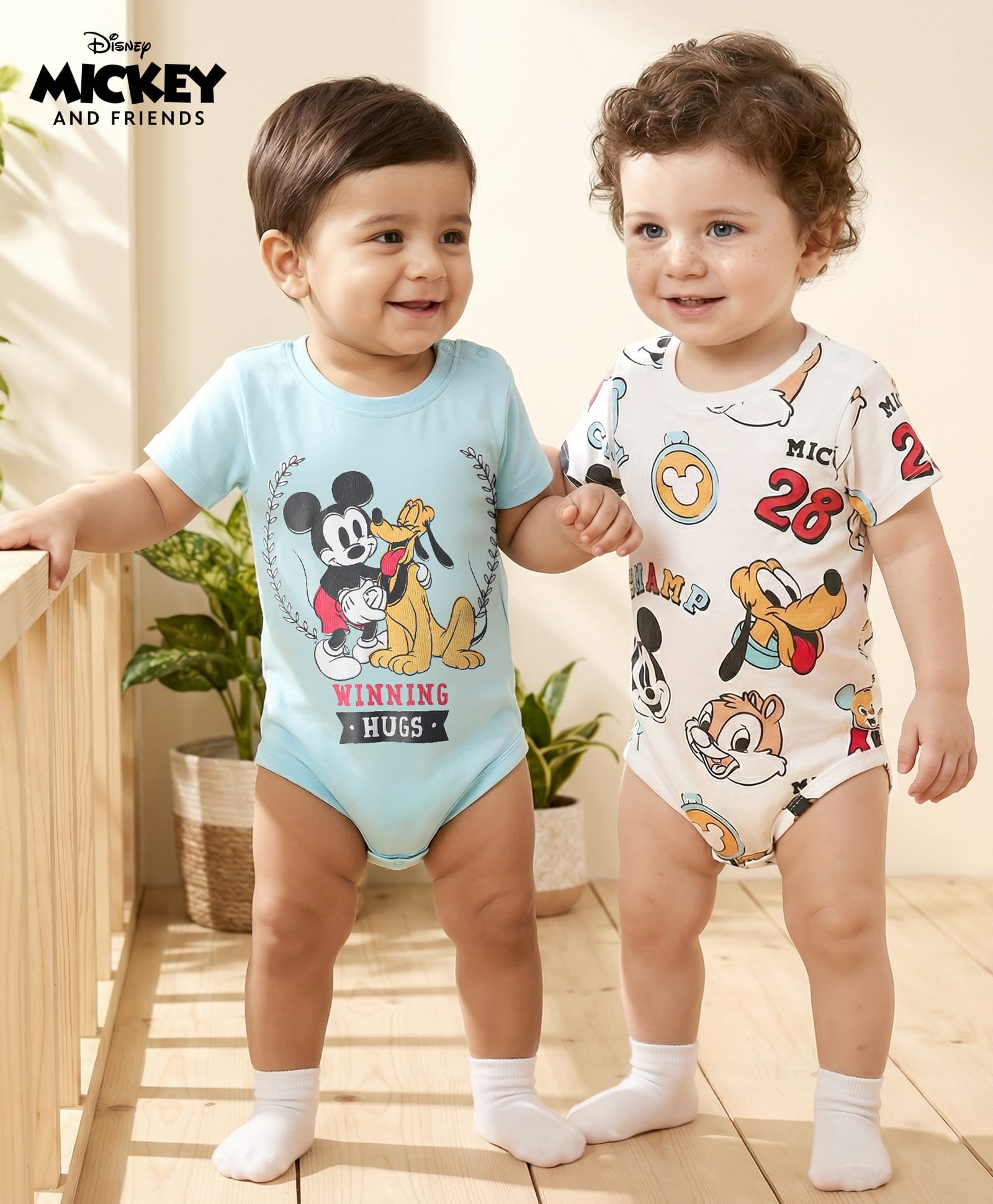 Babyoye Disney Interlock Knit Half Sleeves Onesies With Mickey Mouse Graphics Pack Of 2 - Light Blue & White-picture-42