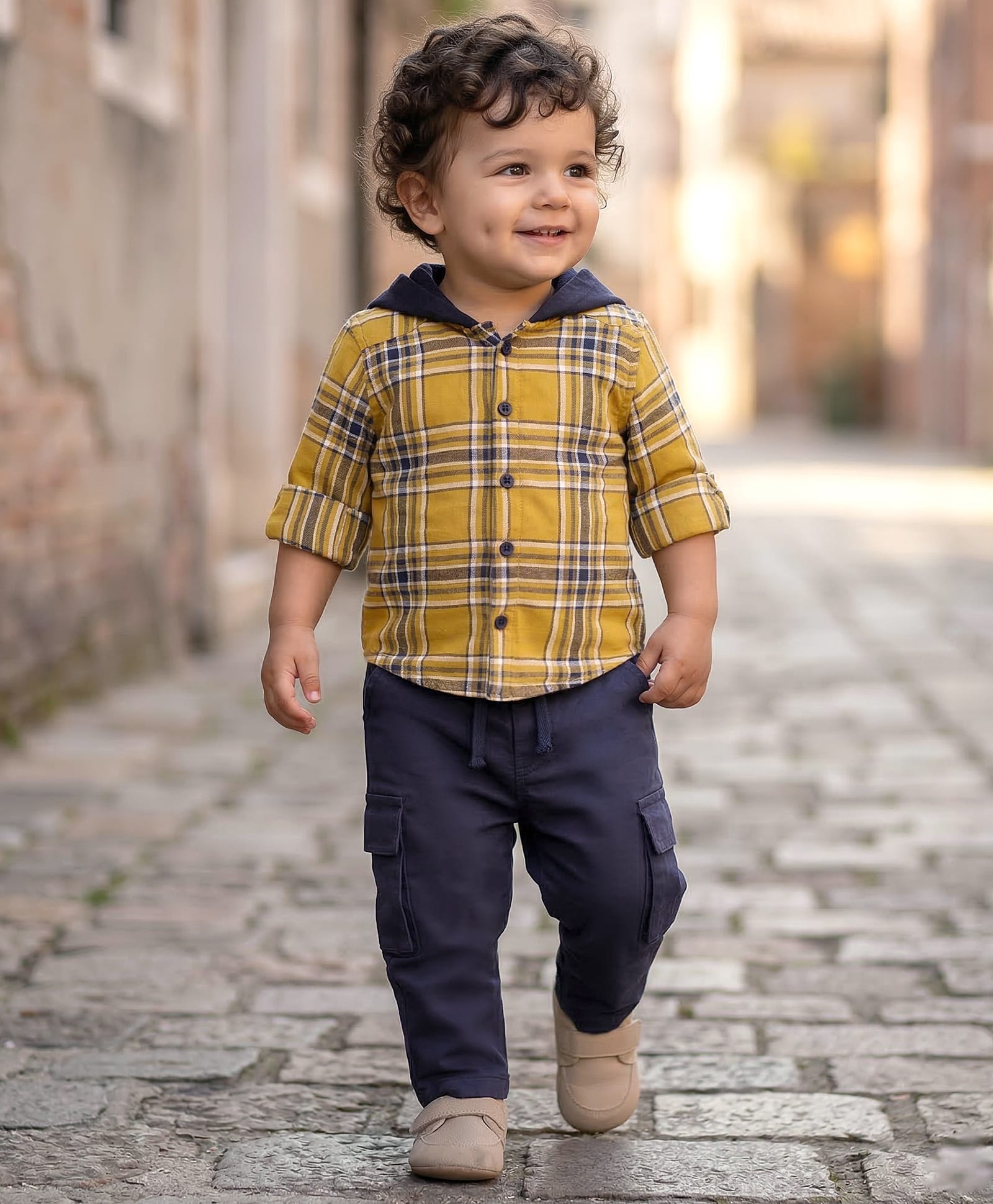Babyoye 100% Cotton Woven Full Sleeves Hooded Shirt & Trouser Set with Checks & Cargo Pockets - Yellow-picture-26