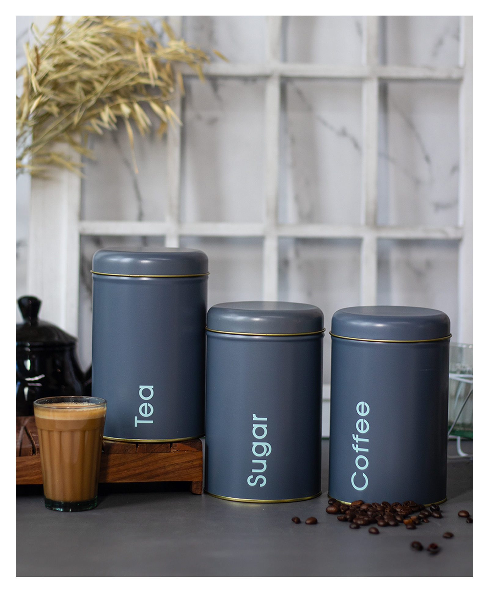 VONCASA Coffee, Tea & Sugar - Metal Jar Set Of 3, Grey Color, 1450 ml-image-39