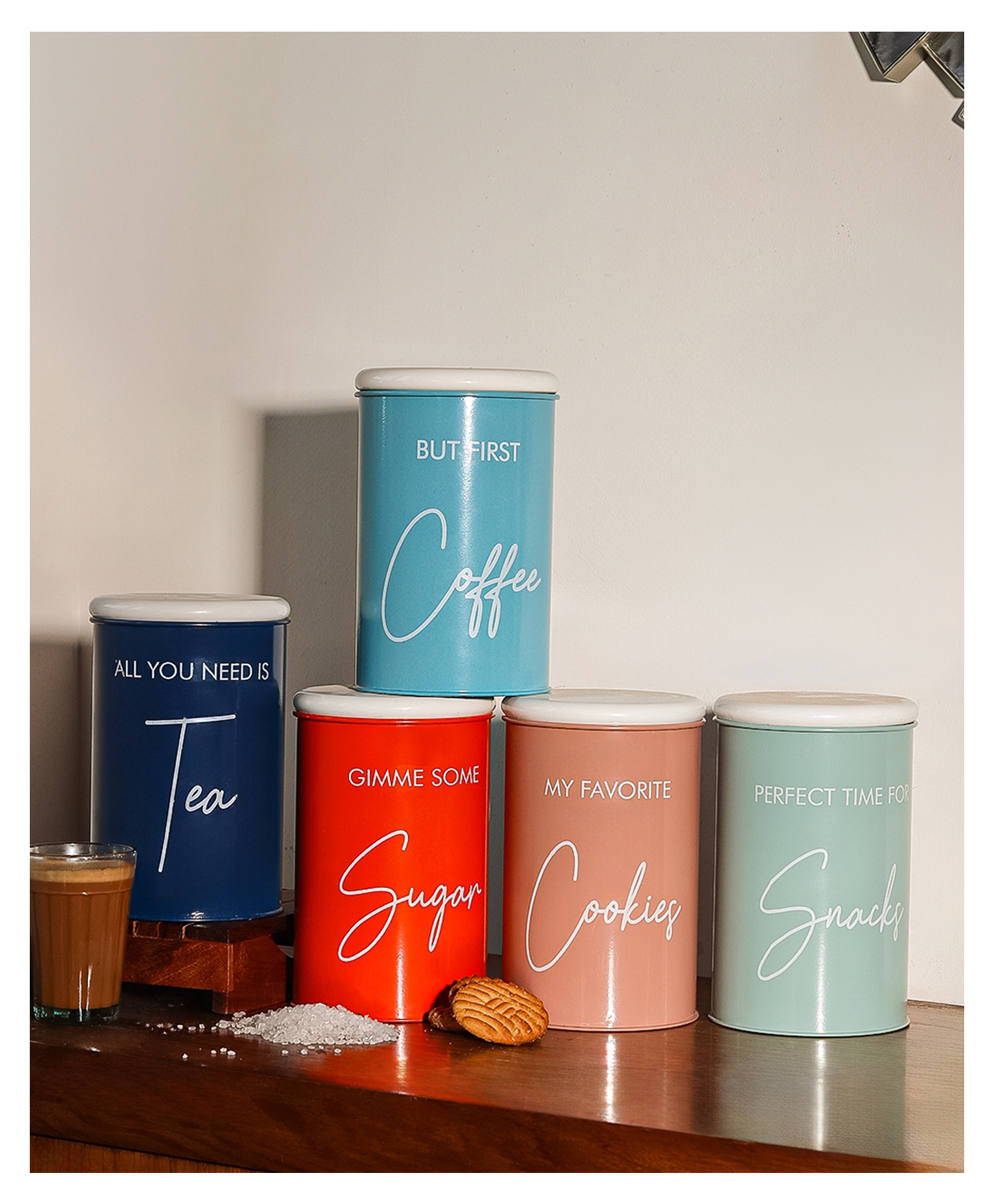 VONCASA Metal Tea, Sugar, Coffee, Cookie & Snack Jar - Set Of 5 & Each 900 ml-picture-42