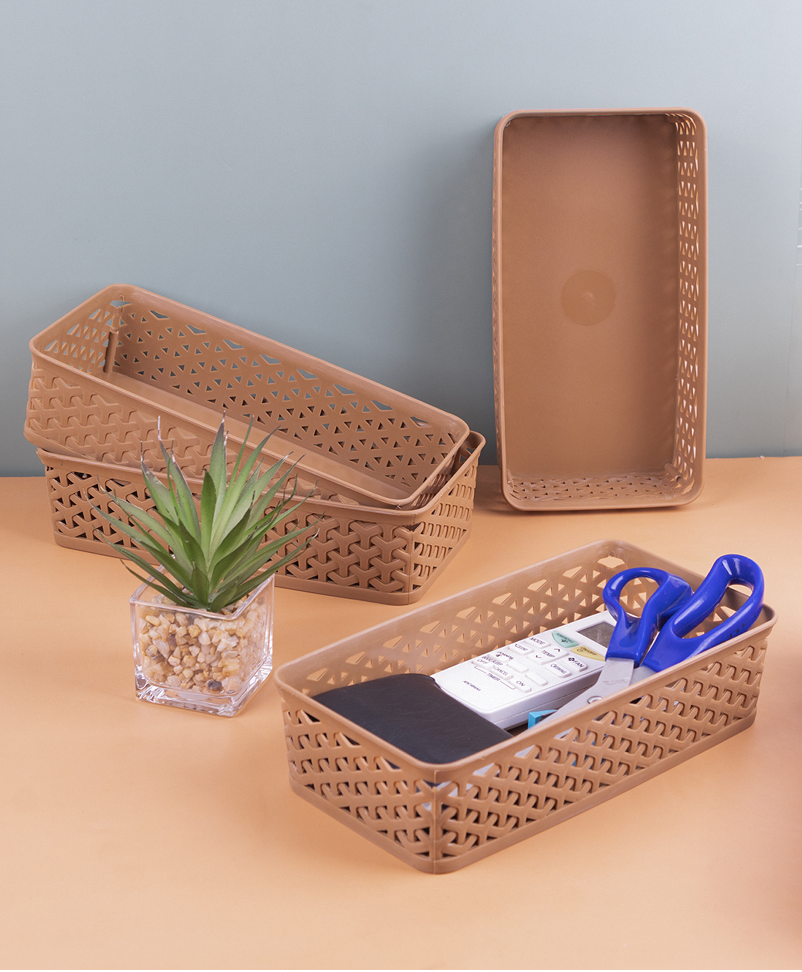 VONCASA Medium Plastic Multipurpose Storage Basket ( Set Of 4, Solid Beige Color)-picture-12