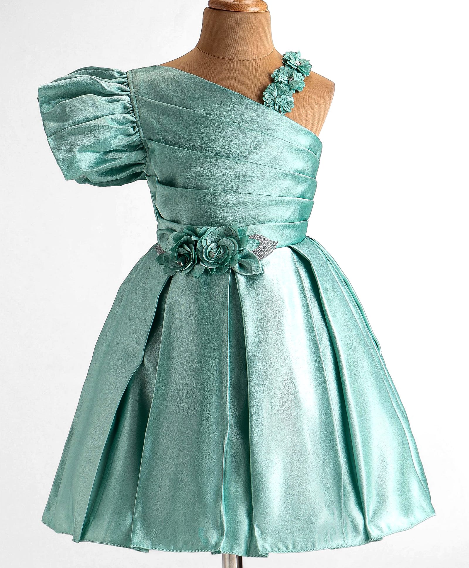 Enfance One Shoulder Flutter Sleeves Floral Applique Detailed Pleated Dress - Sea Green-image-7