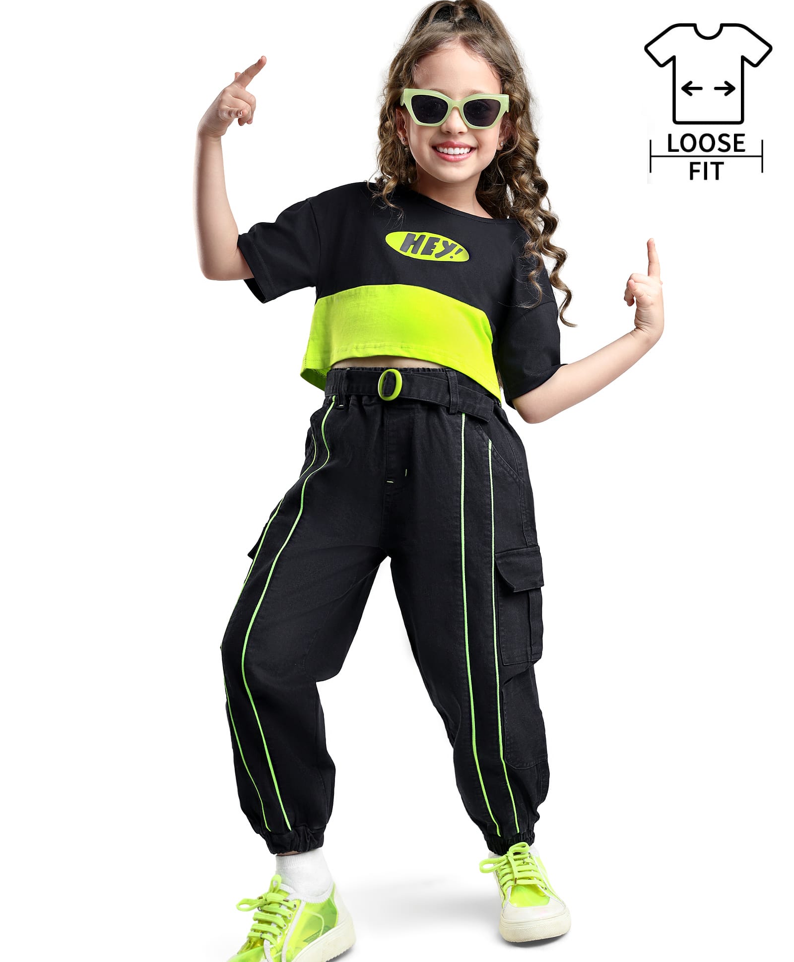 OLLINGTON ST. Cotton Knit Half Sleeves Crop Top with Panel & Strechable Denim Joggers - Neon Green & Black-image-20
