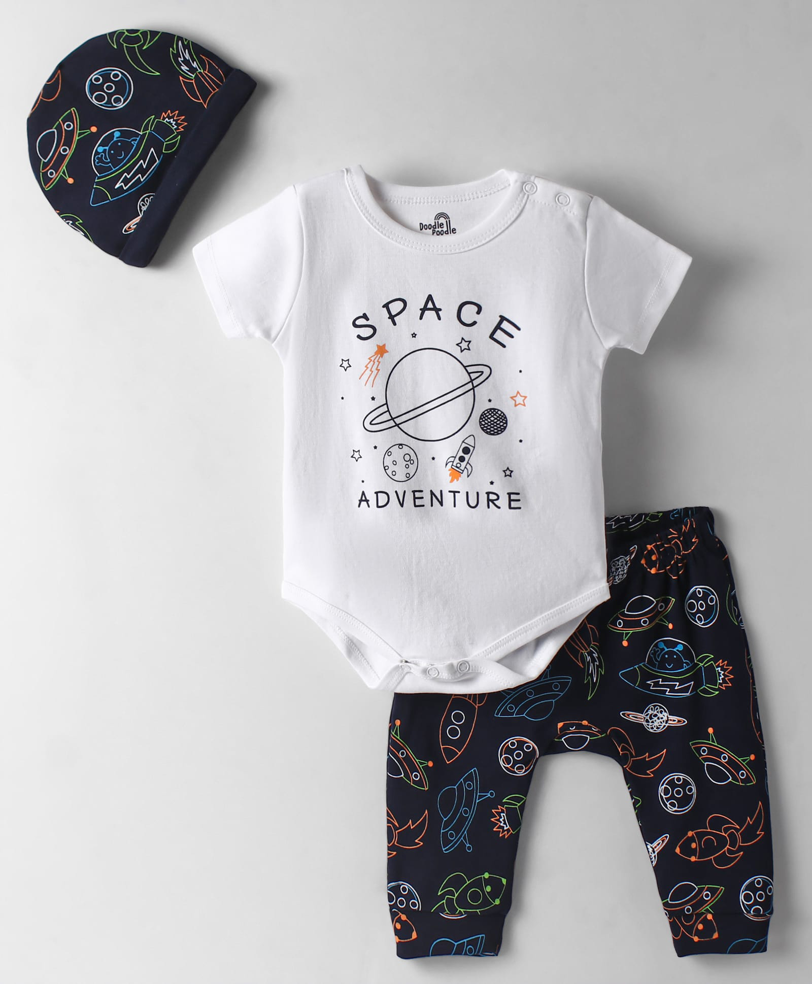 Doodle Poodle Interlock Knit Half Sleeves Onesie With Diaper Leggings And Cap with Space Theme Print - Navy Blue & White-image-30