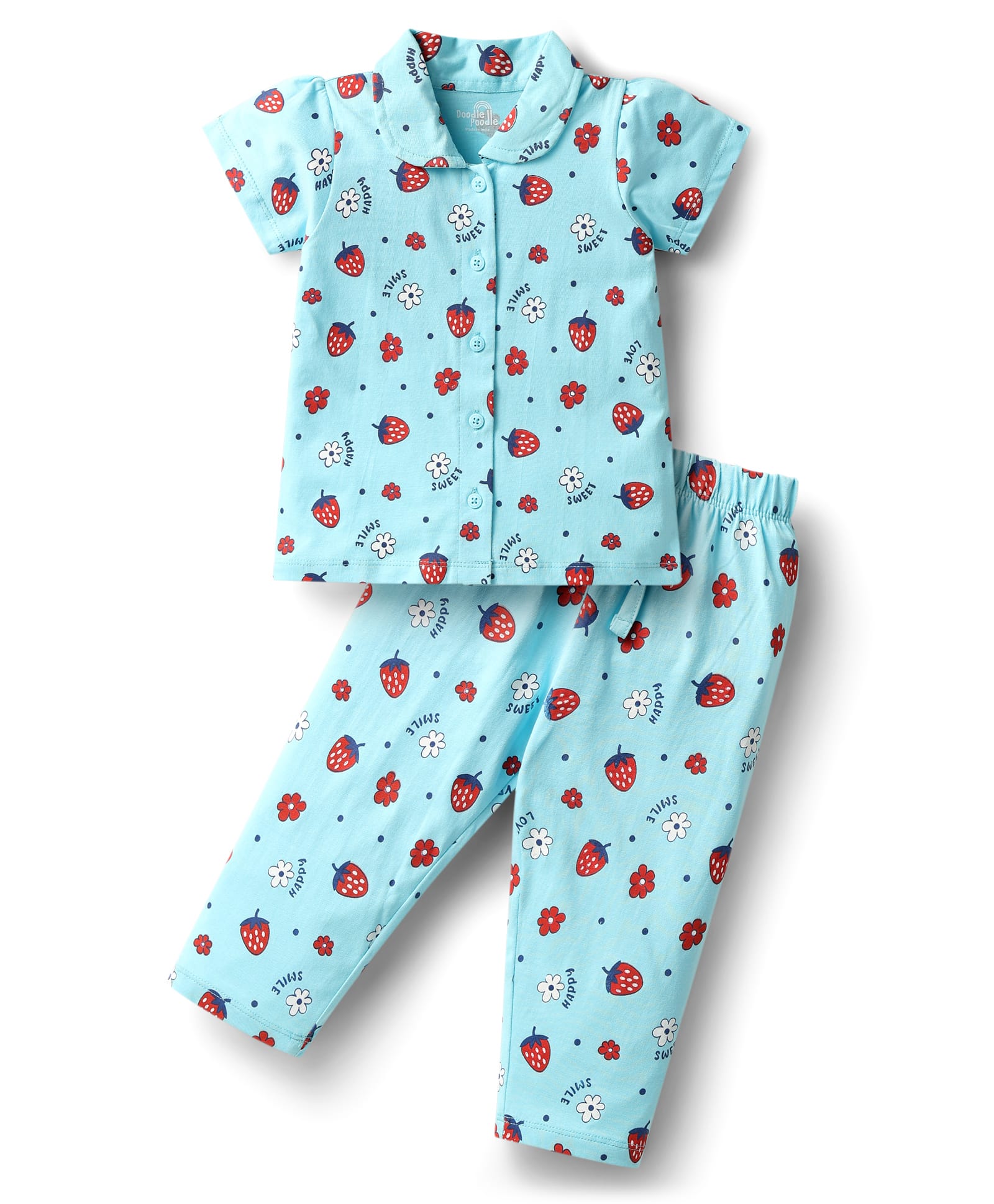 Doodle Poodle 100% Cotton Knit Half Sleeves Co-ord Nightsuit With Strawberry Print - Light Blue-image-38