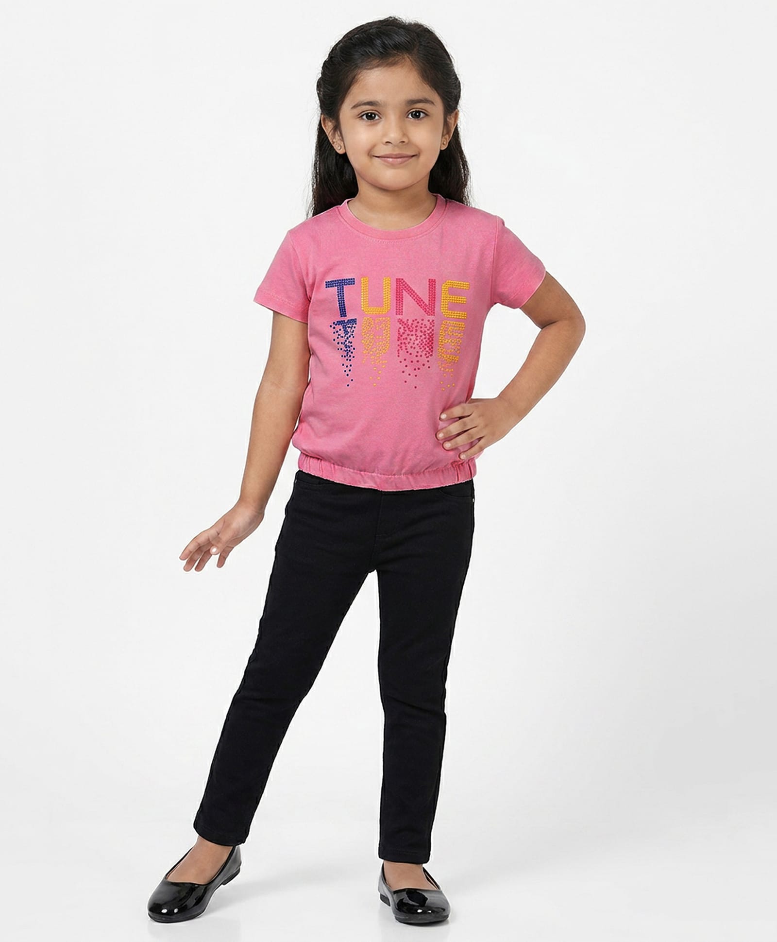 giniekids Cotton Blend Half Sleeves Tune Text Printed Top - Pink-image-43