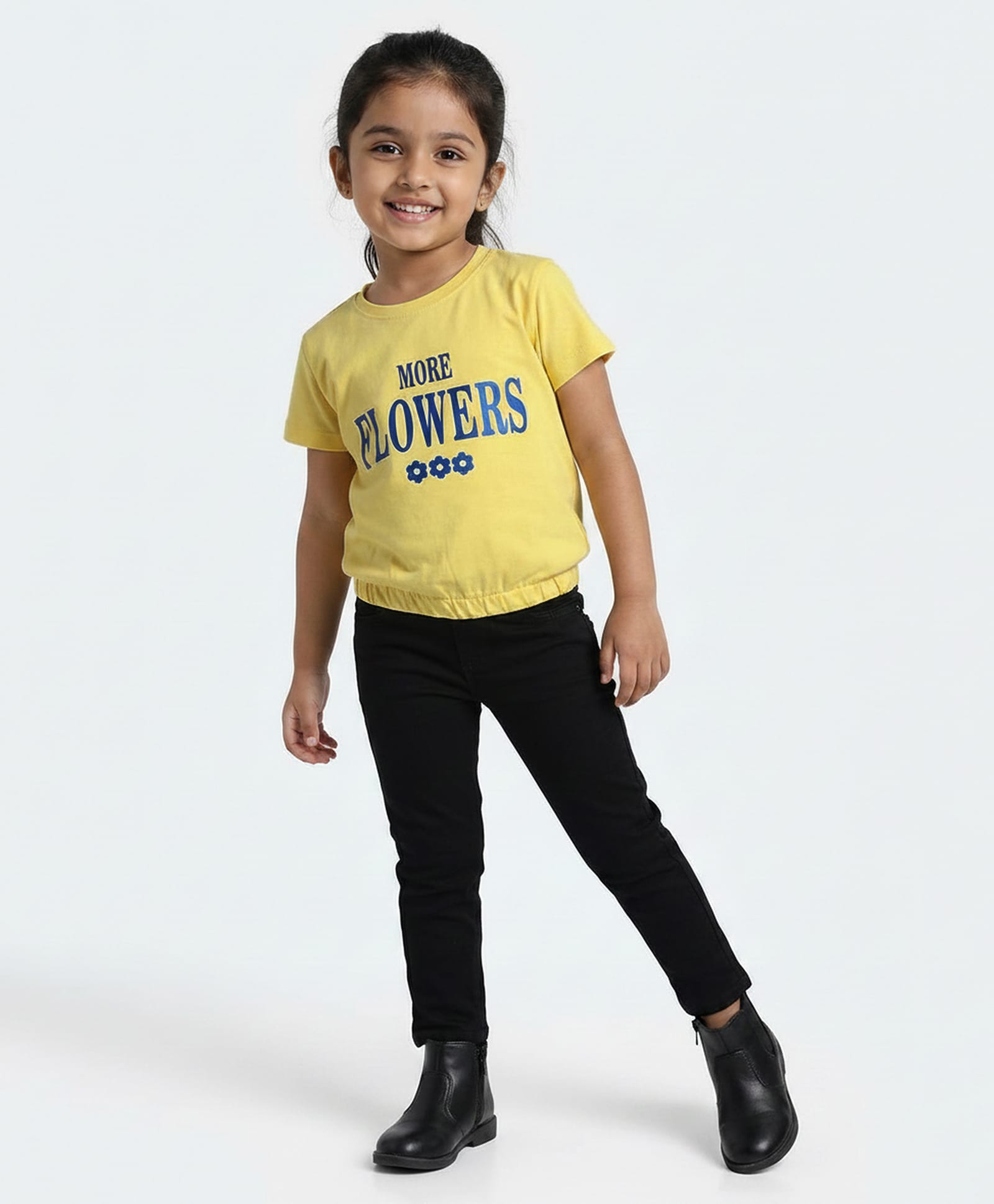 giniekids Cotton Blend Half Sleeves More Flowers Text Foil Printed Top - Yellow-picture-25