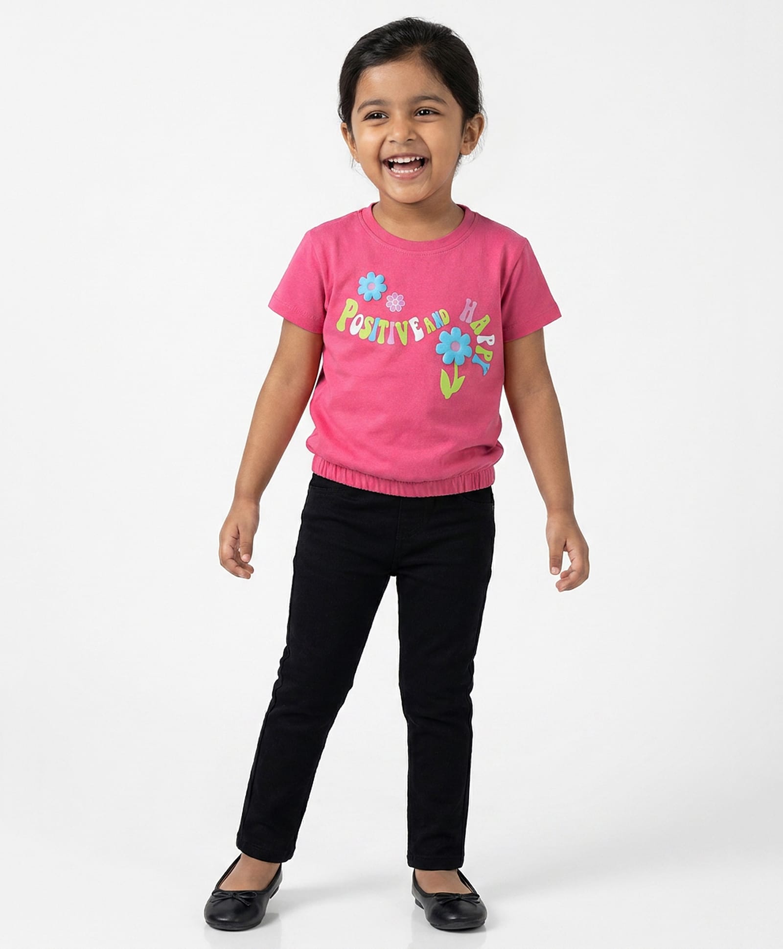 giniekids Cotton Blend Half Sleeves More Flowers Text Foil Printed Top - Cherry Pink-image-23