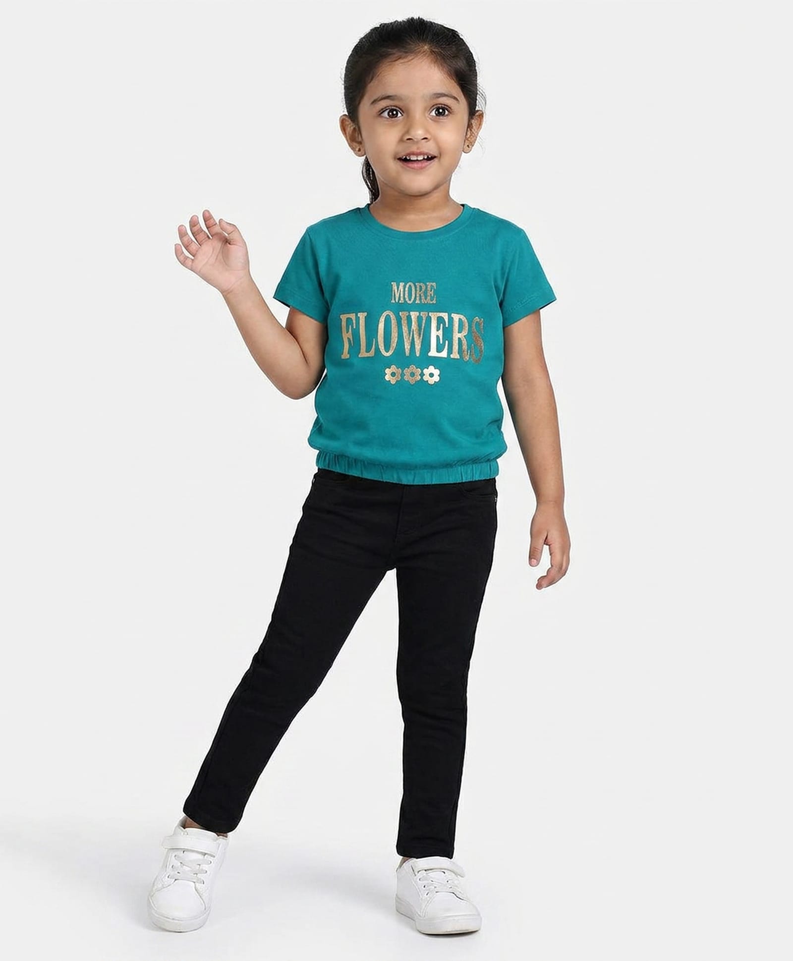 giniekids Cotton Blend Half Sleeves More Flowers Text Foil Printed Top - Green-picture-25