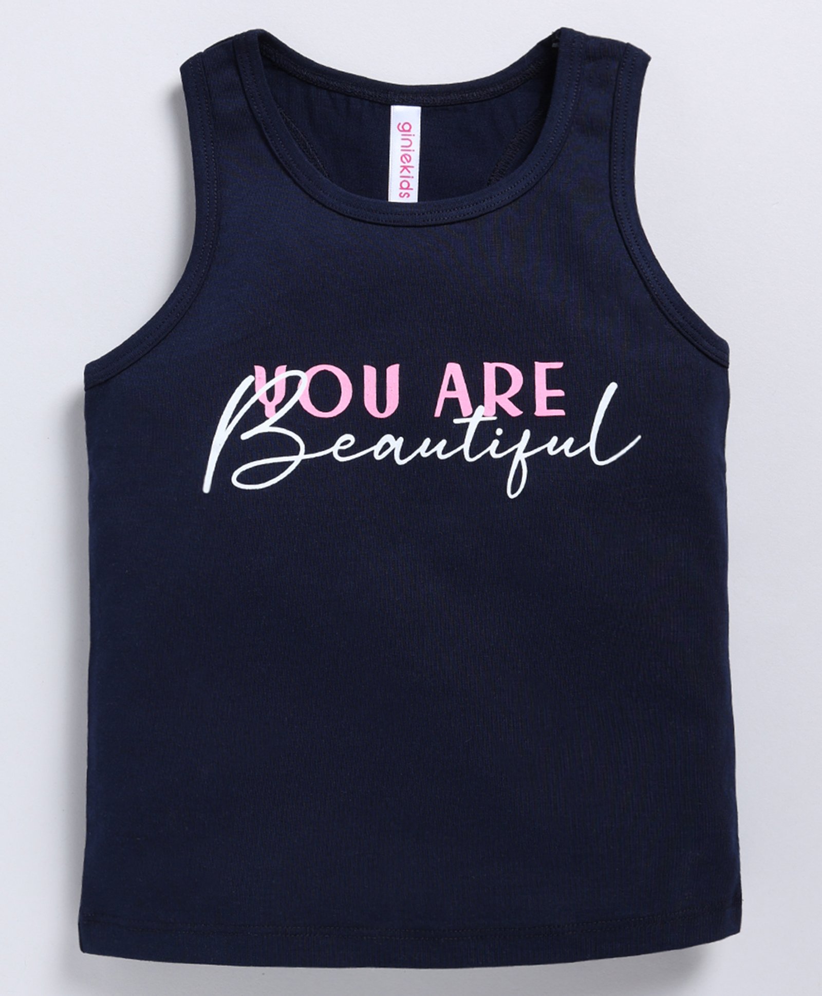 giniekids Cotton Blend Sleeveless You Are Beautiful Text Printed Top - Navy Peony-image-24