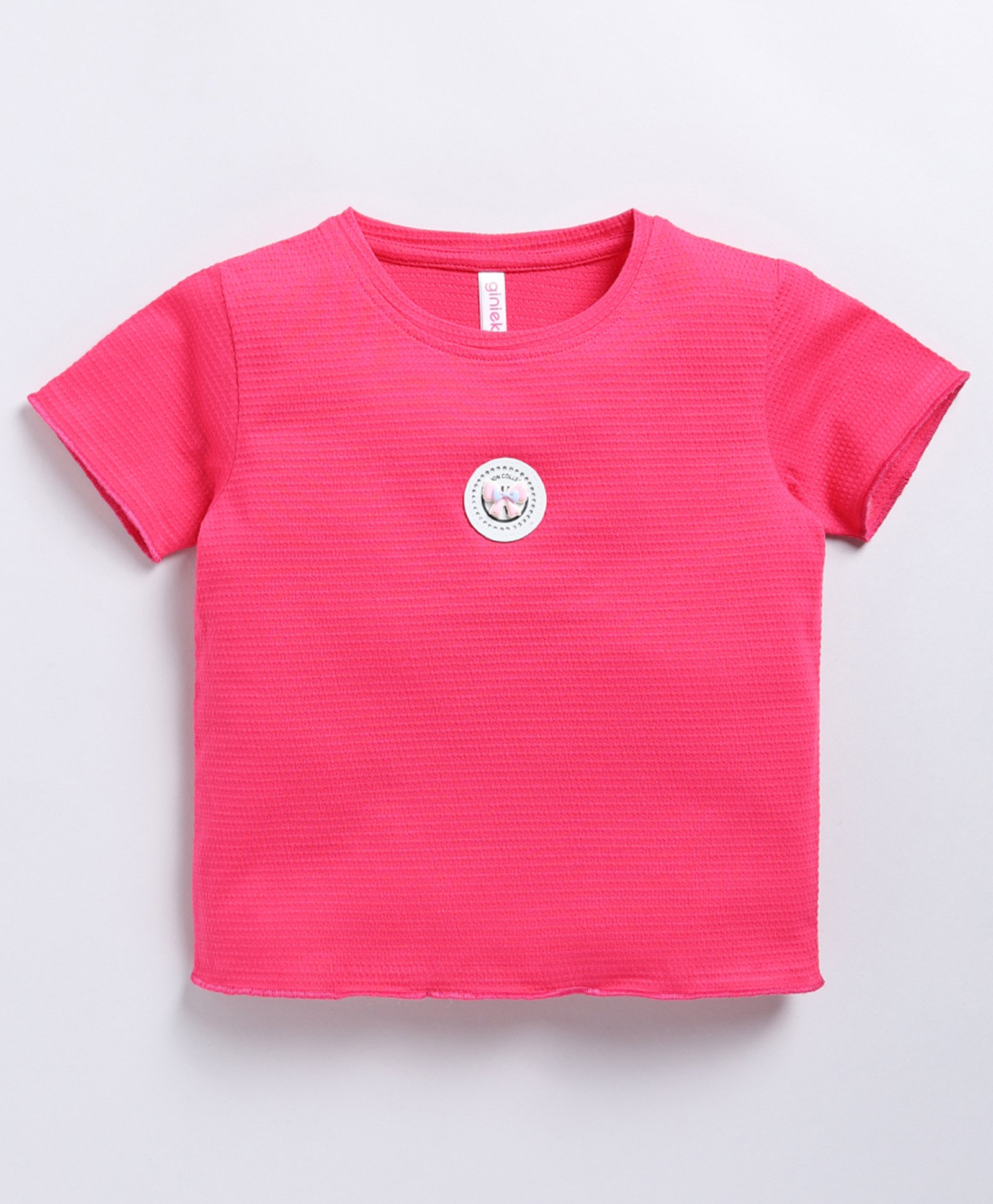 giniekids Cotton Half Sleeves Bow Patch Detailed Top - Rani Pink-image-47
