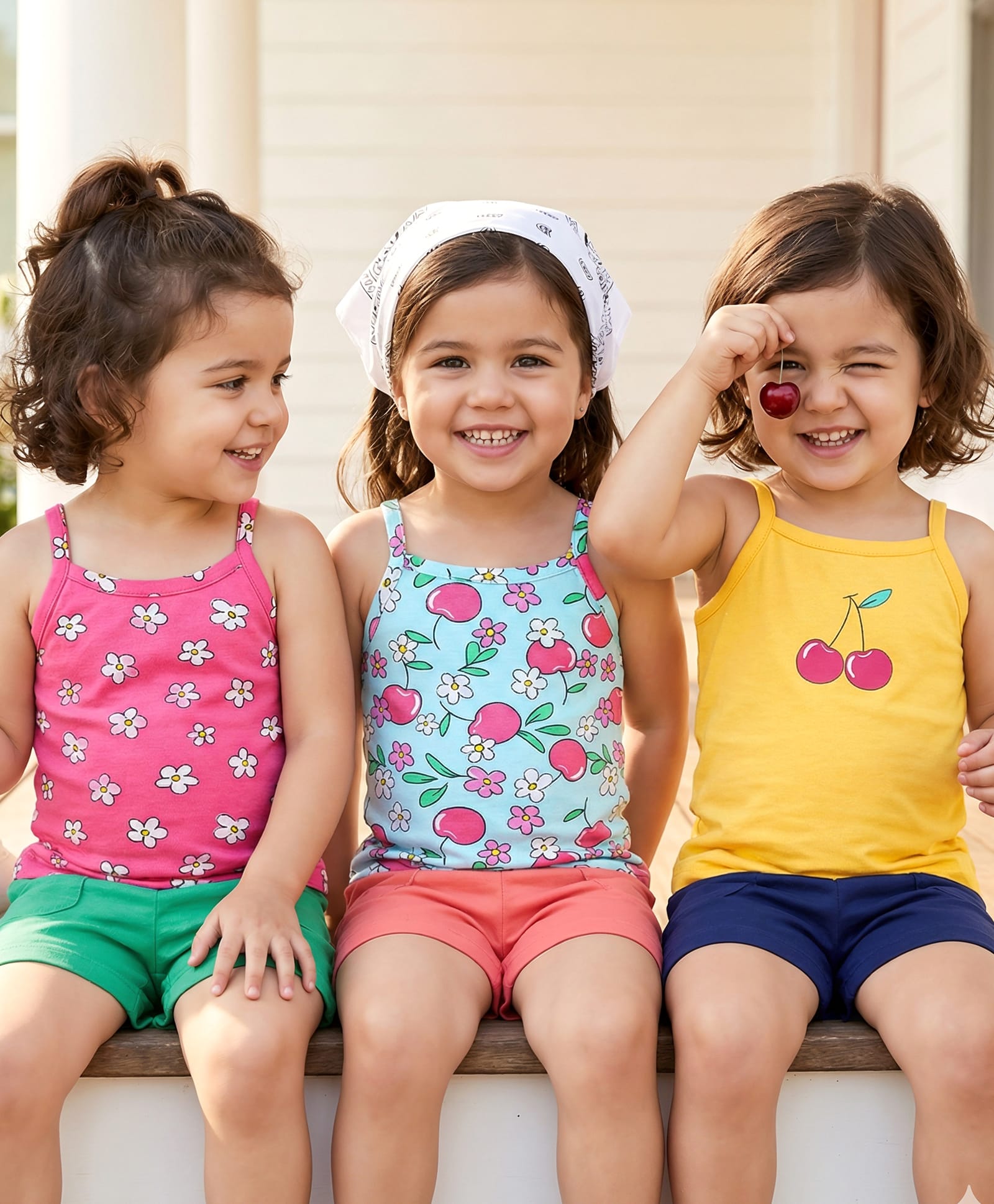 Babyhug 100% Cotton Single Jersey Knit Sleeveless Slips With Floral & Apple Print Pack Of 3 - Pink Light Blue & Yellow