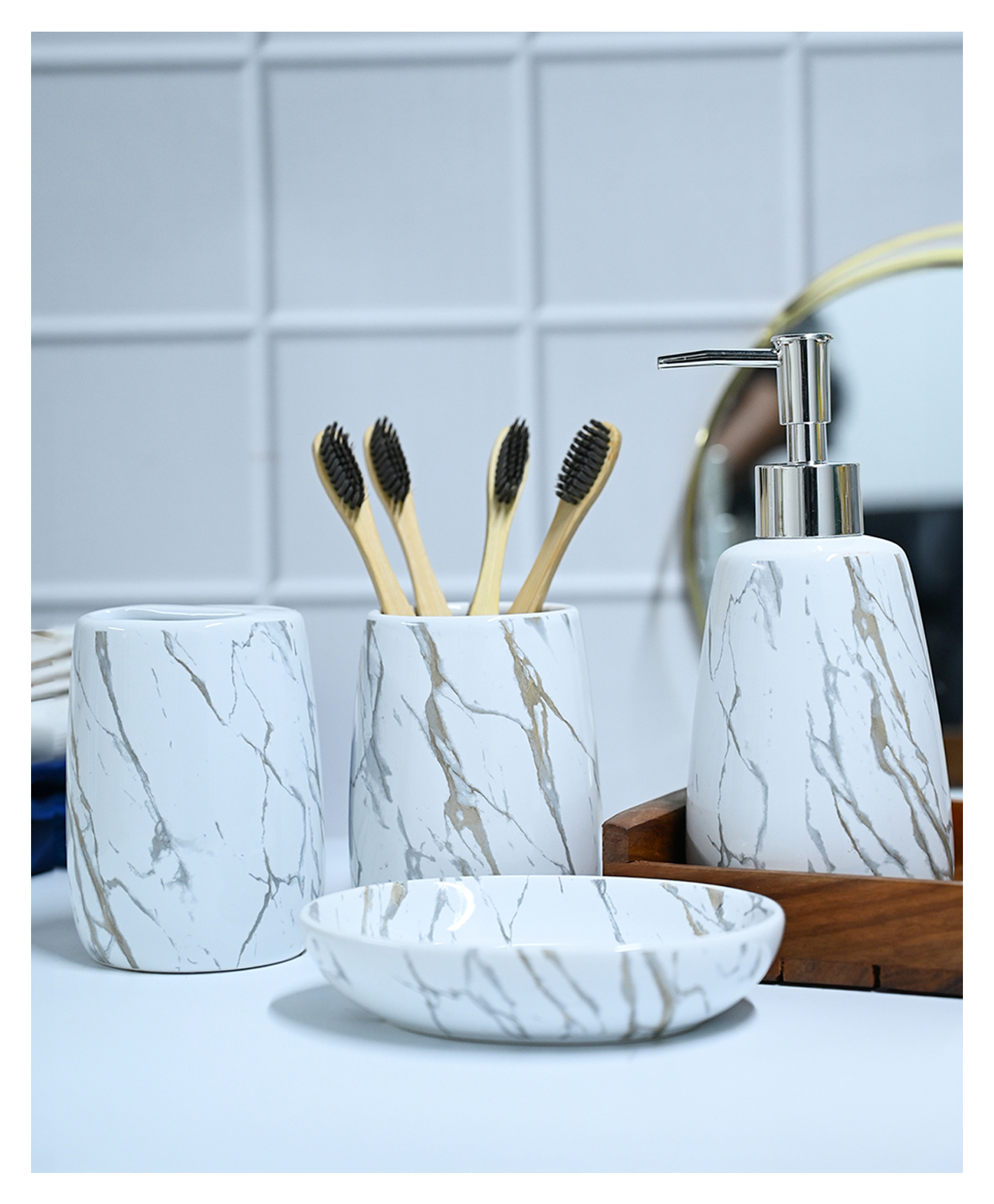 VONCASA White Ceramic Bathroom Set Of 4 - Stone Finish, Bath Accessories | 260 ml-image-31