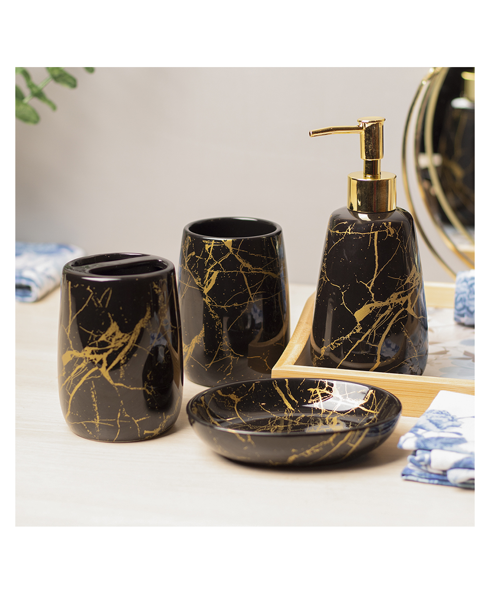 VONCASA Black Ceramic Bathroom Set Of 4 - Stone Finish, Bath Accessories (400ml)-picture-15
