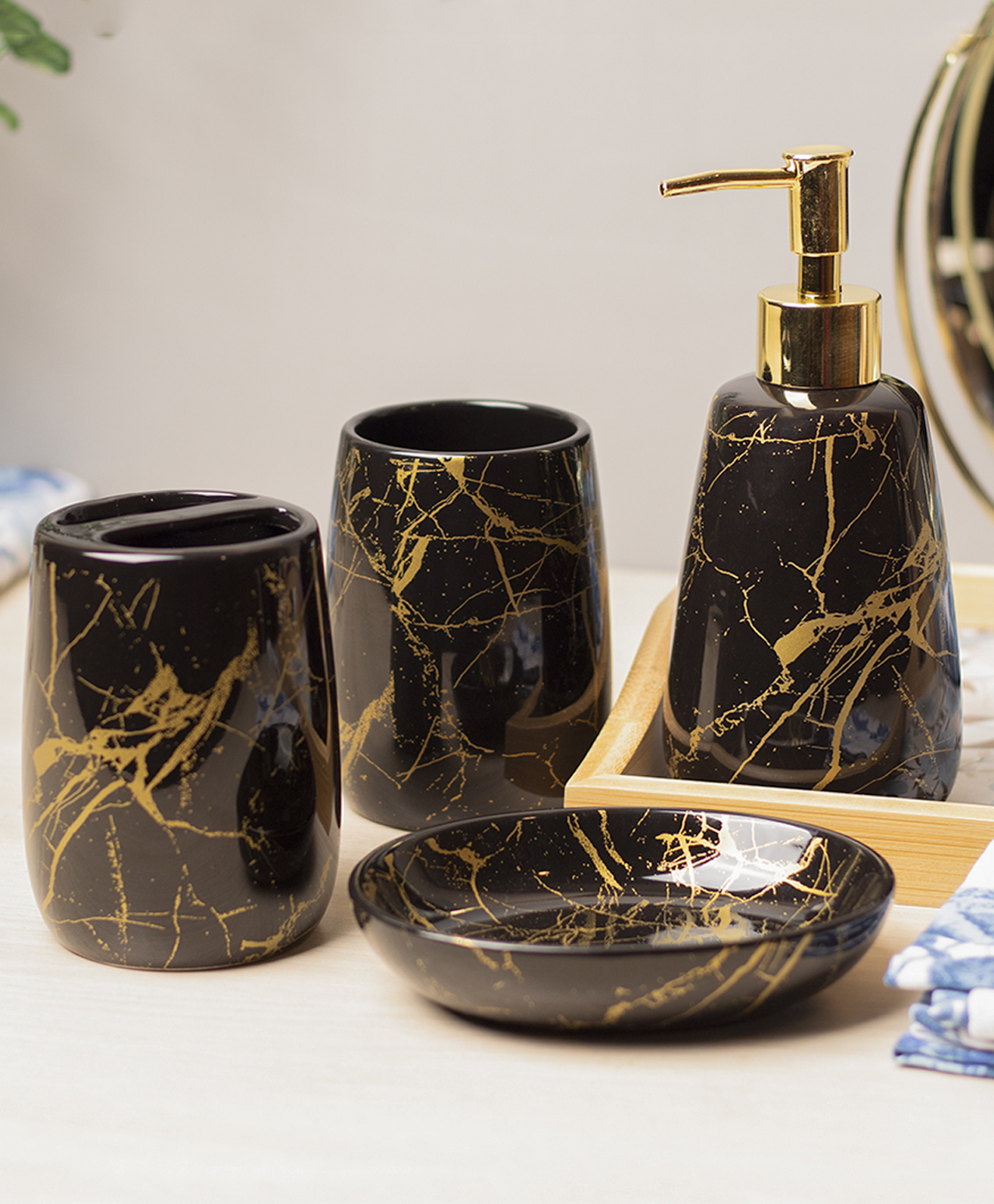 VONCASA Black Ceramic Bathroom Set Of 4 - Stone Finish, Bath Accessories-picture-17
