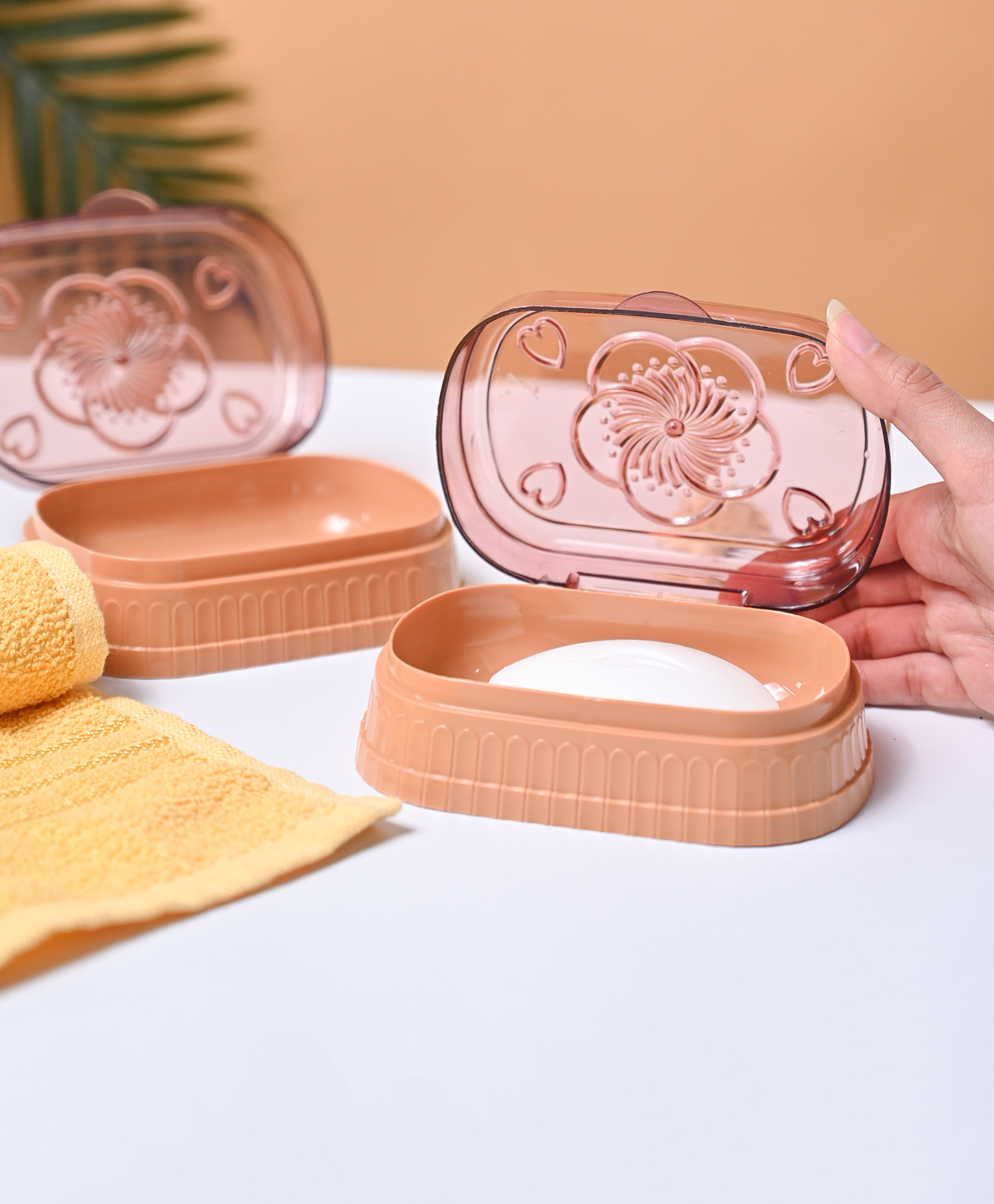 Voncasa Plastic Peach & Beige Soap Dish Holders - Pink-image-3