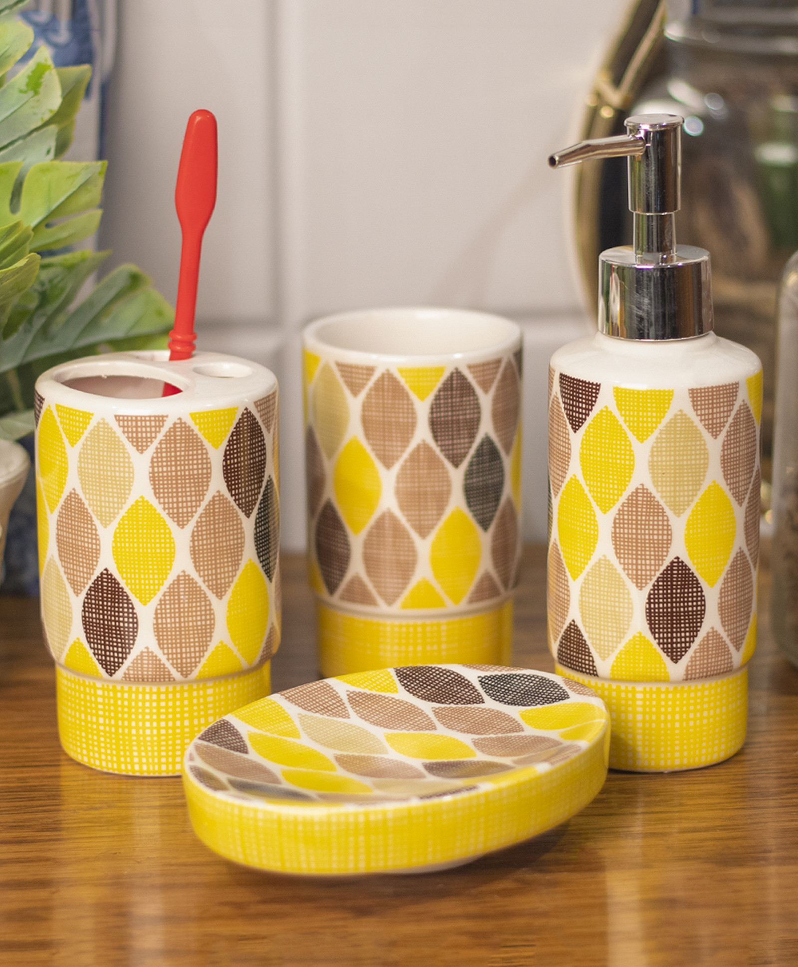 VONCASA Ceramic Bathroom Set of 4 - Multi Leaf Pattern-picture-42