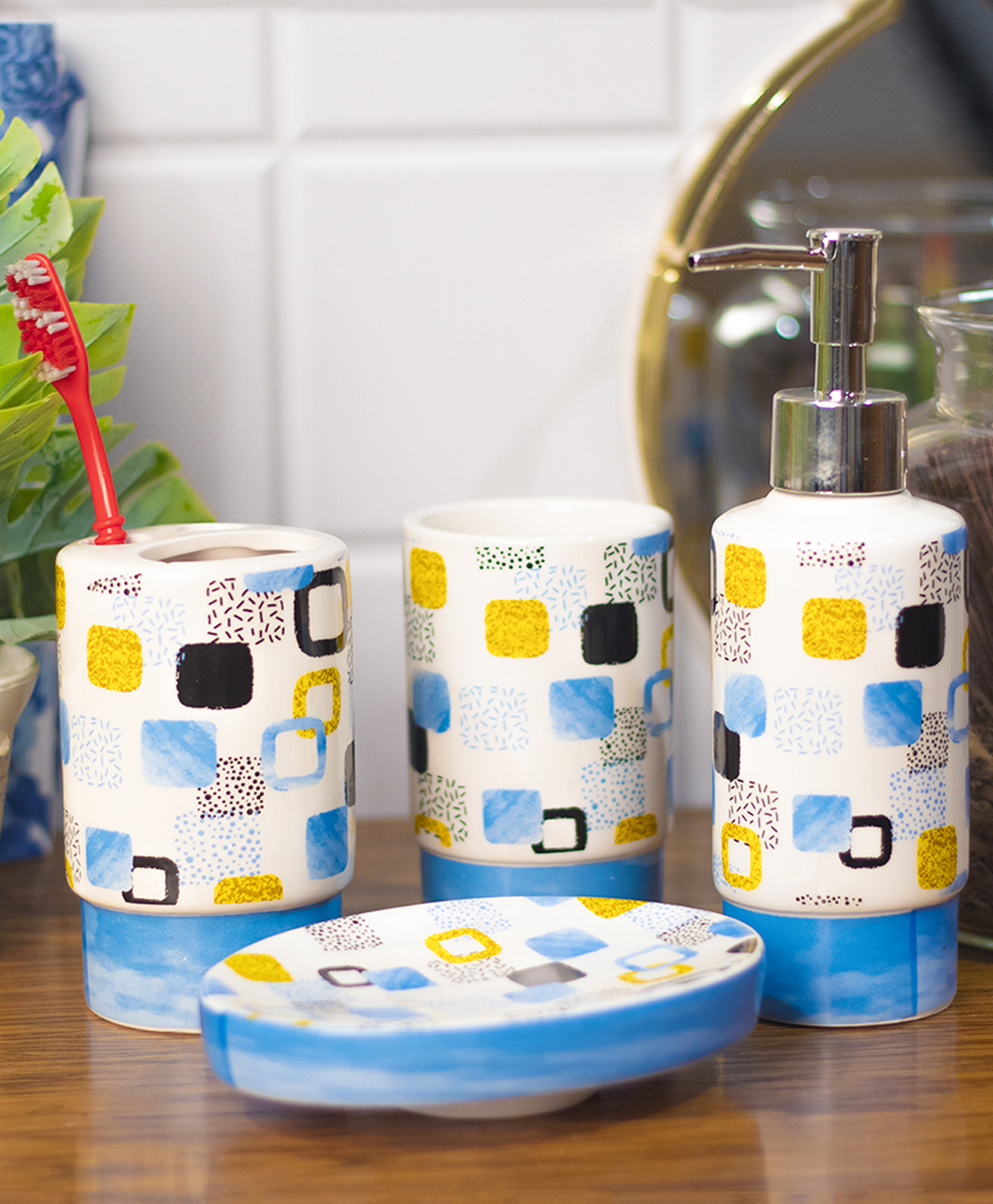 Voncasa Bathroom Set of 4 - Multiple Square Print - 240 ml-image-48