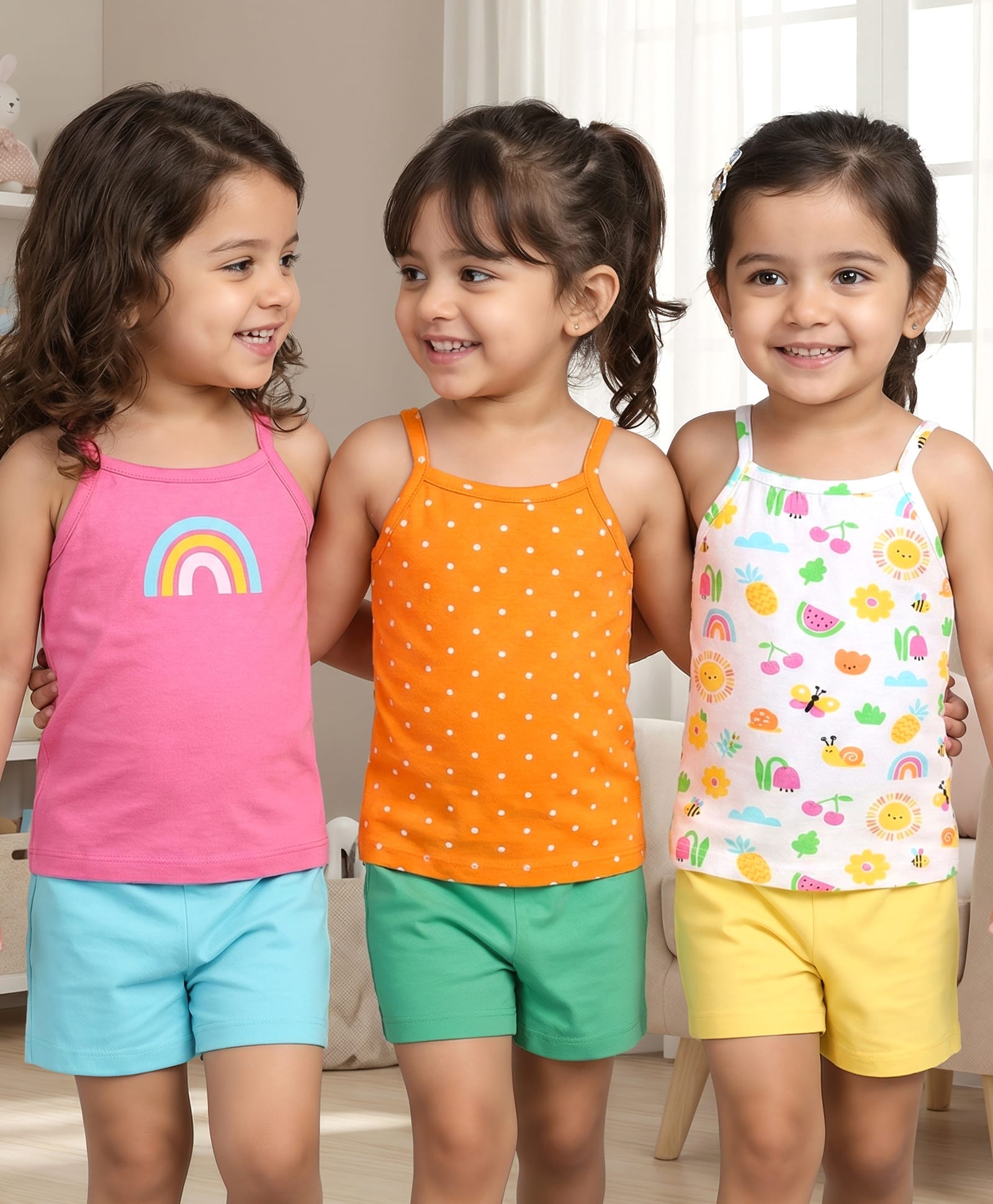 Babyhug 100% Cotton Single Jersey Knit Sleeveless Slips With Polka Dots & Tropical Theme Print Pack Of 3 - Orange Pink & White