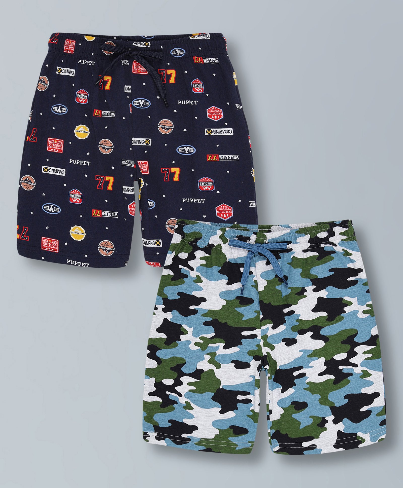 Plum Tree Pure Cotton Pack Of 2 Camouflage & Badges Printed Shorts - Navy Blue & Camoflague-picture-45