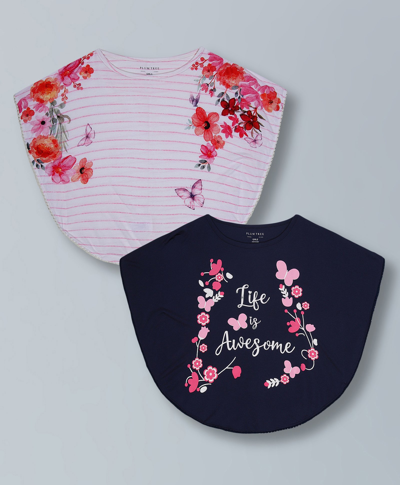 Plum Tree Soft Rayon Pack Of 2 Sleeveless Life Is Awesome Text Printed & Striped Ponchos - White & Navy Blue-picture-11