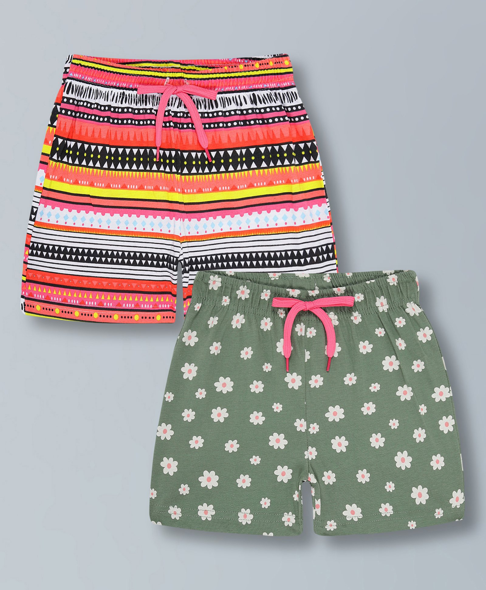 Plum Tree Pure Cotton Pack Of 2 Floral & Abstract Printed Shorts - Green & White-picture-38